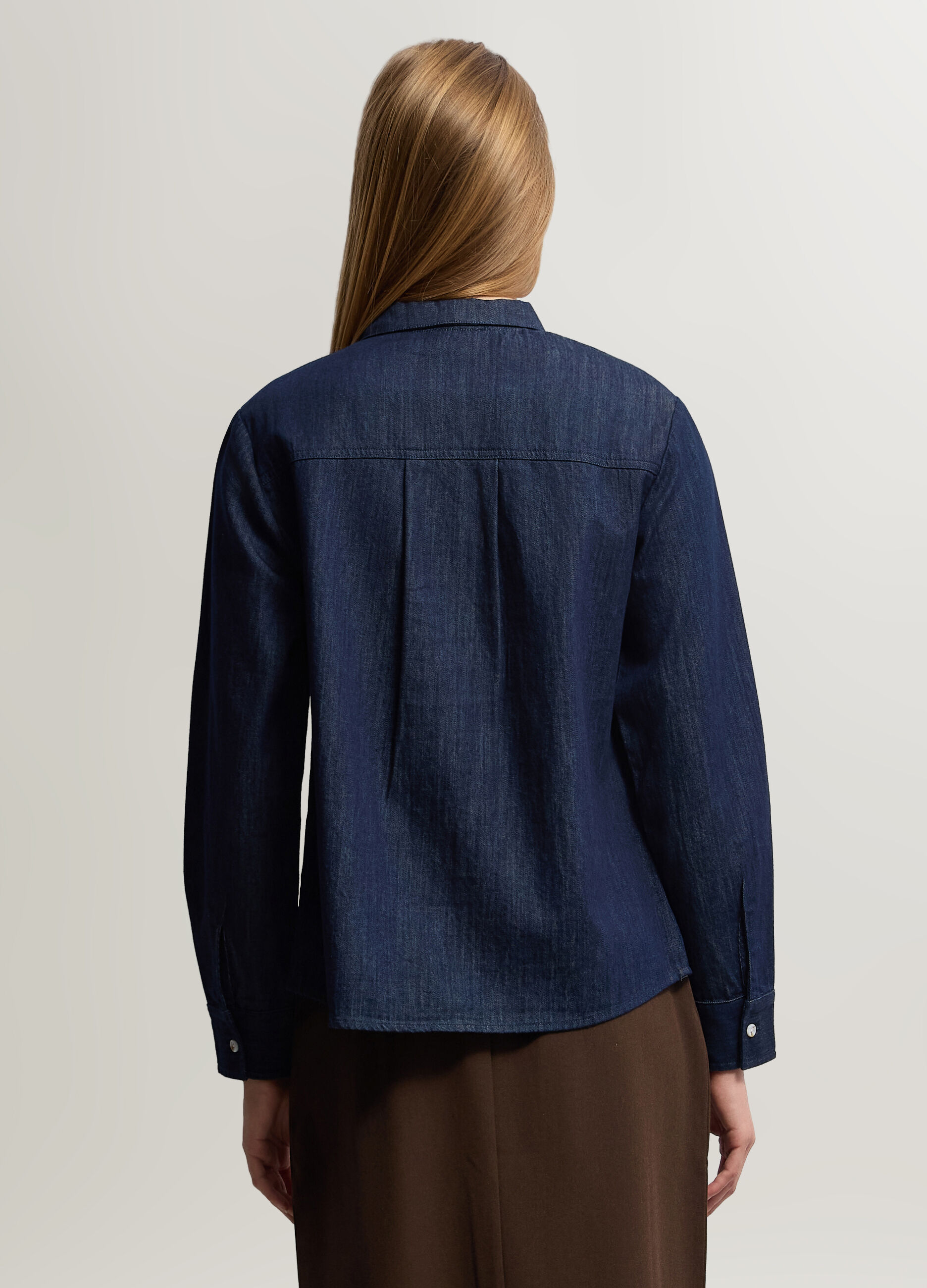Camicia Fit Regular girocollo con fiocco in denim di puro cotone donna_1