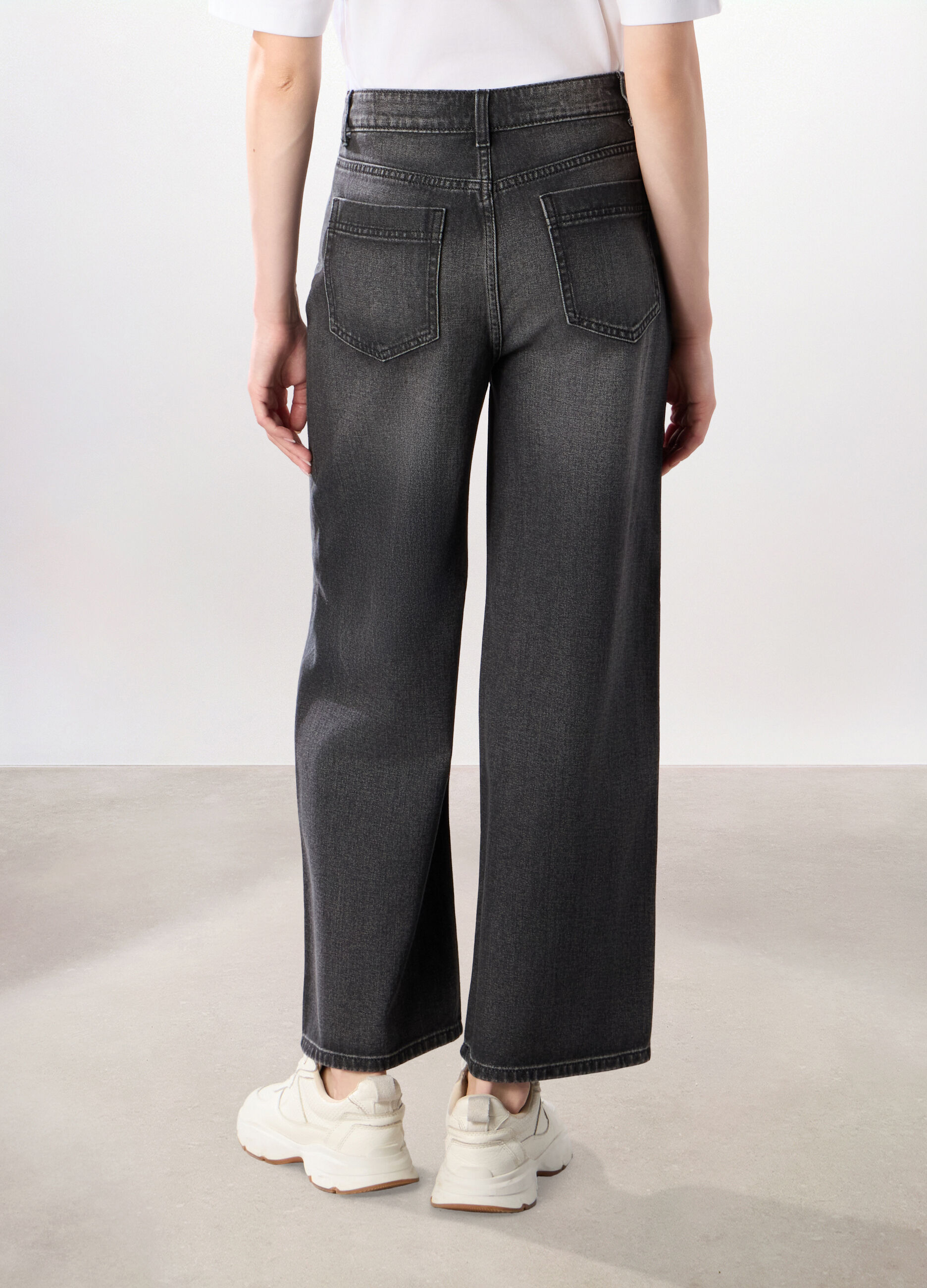 Pantaloni wide leg in denim di puro cotone donna_1