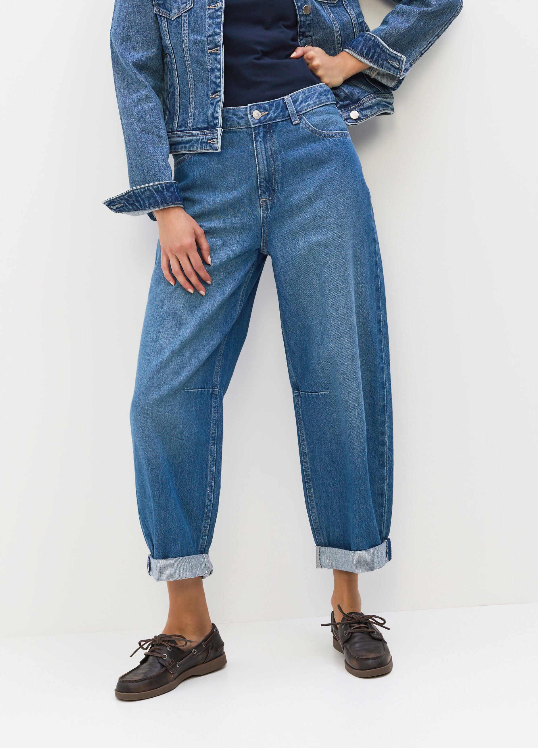 Pantaloni Barrel Fit in denim di puro cotone donna_2