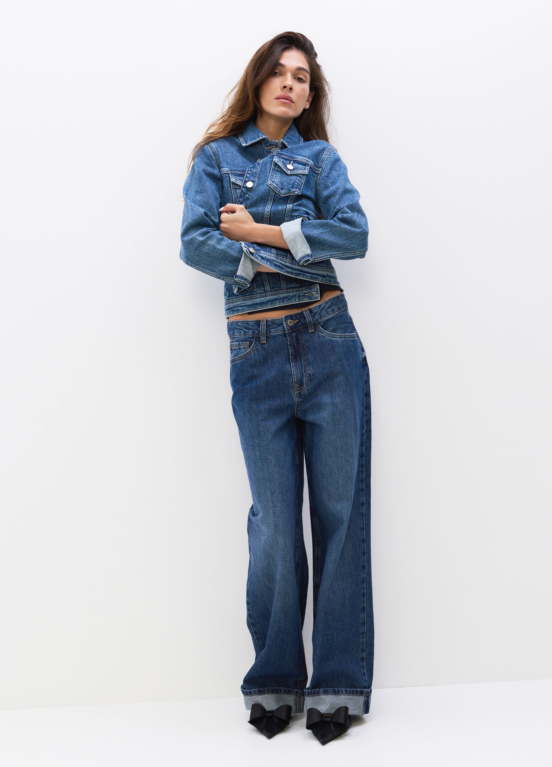 Pantaloni Wide Leg in denim di puro cotone donna_0