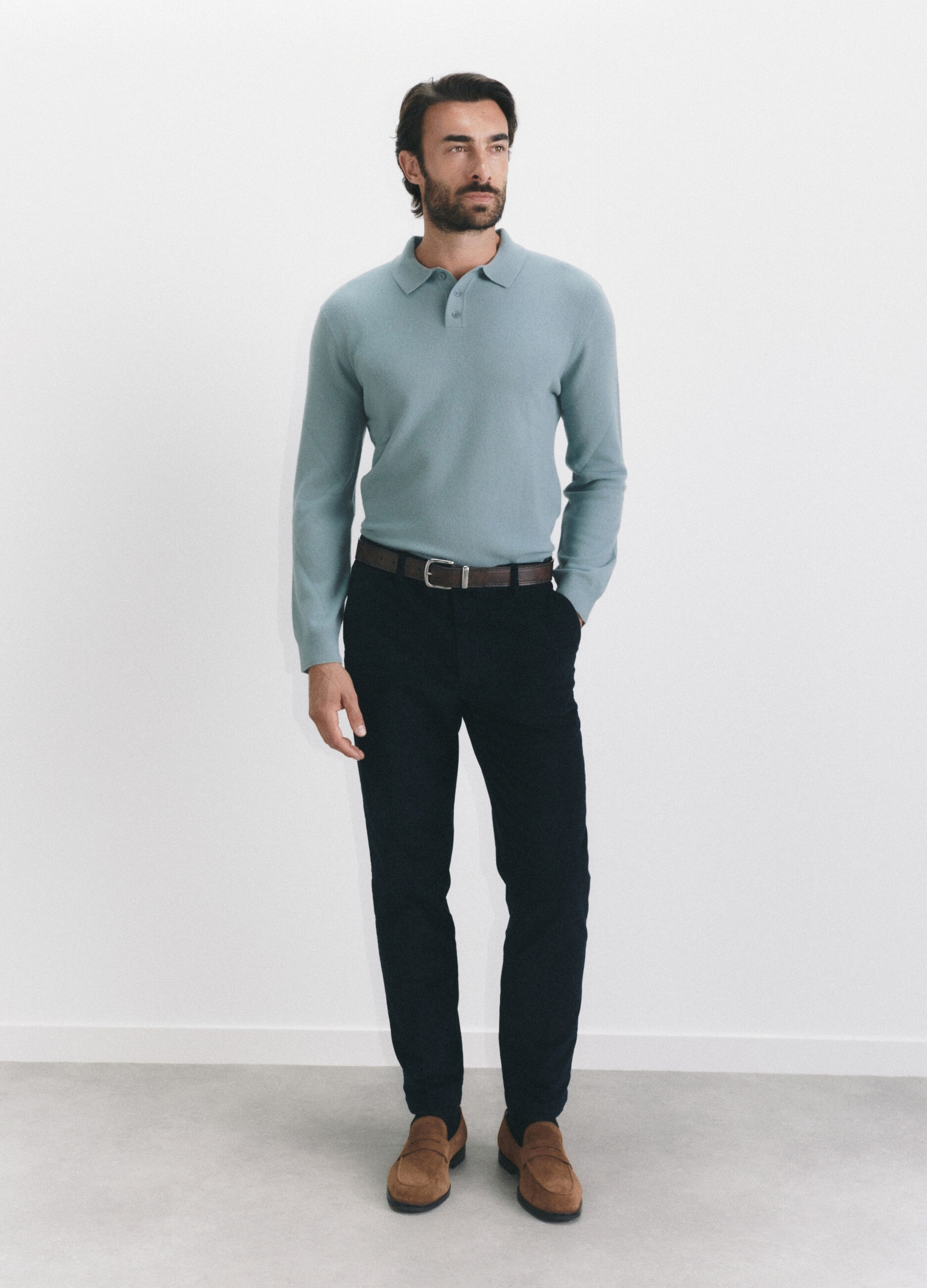 Polo a maniche lunghe in maglia di lambswool uomo