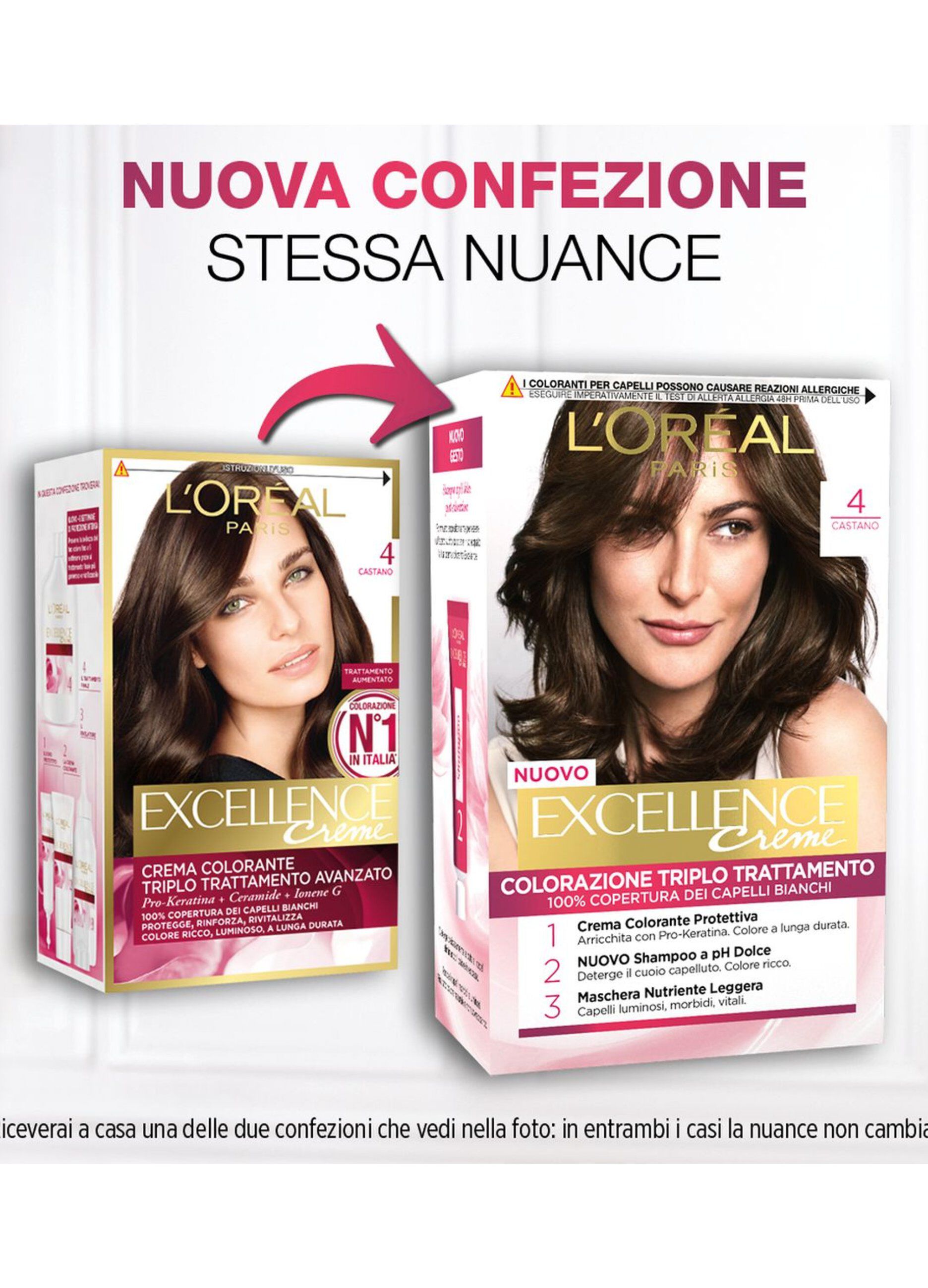 L'Oréal Paris Tinta Capelli Excellence, Copre i capelli bianchi, colore ricco, luminoso e a lunga durata, 4 Castano.