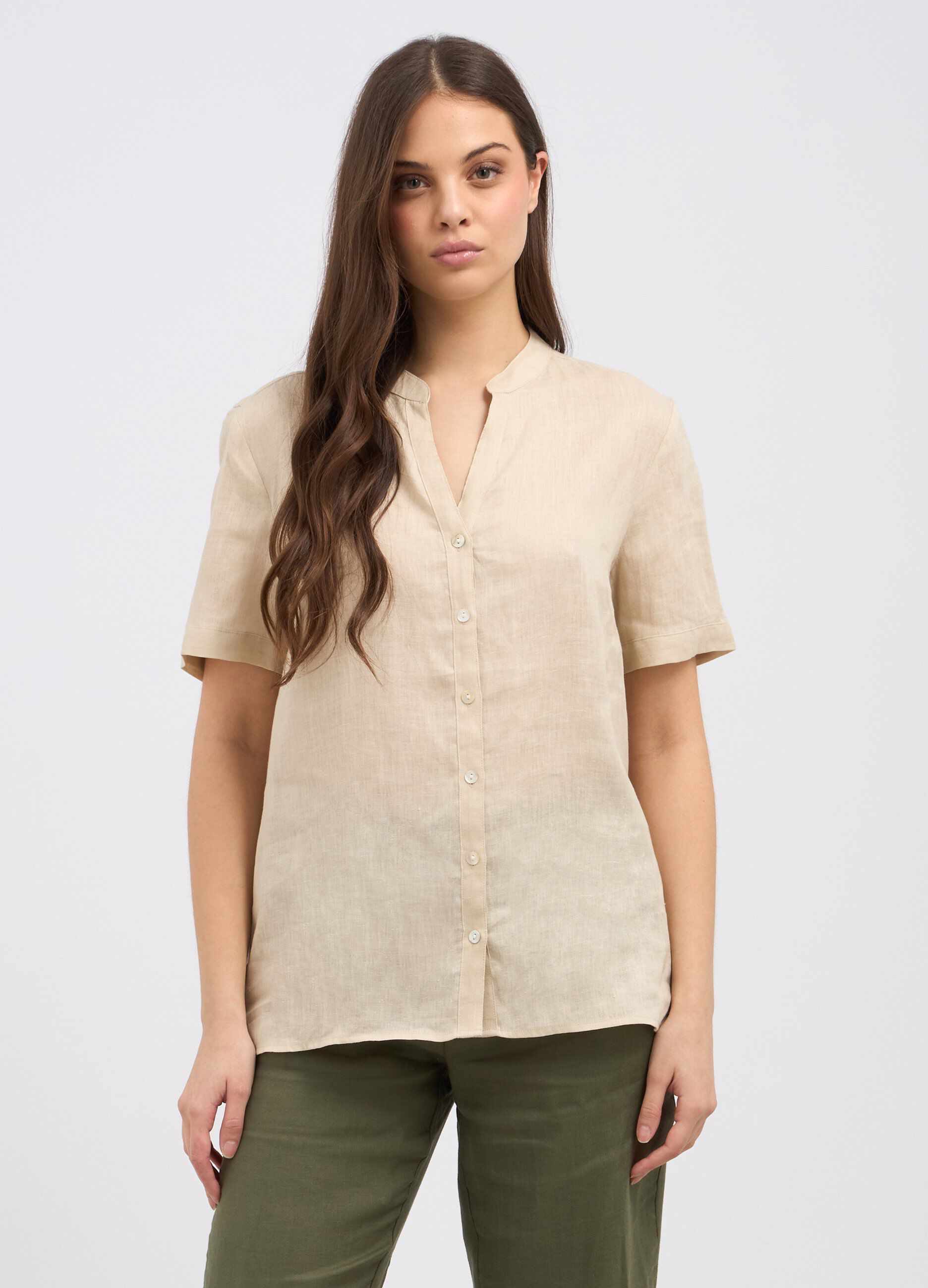 Camicia in puro lino a maniche corte donna_0