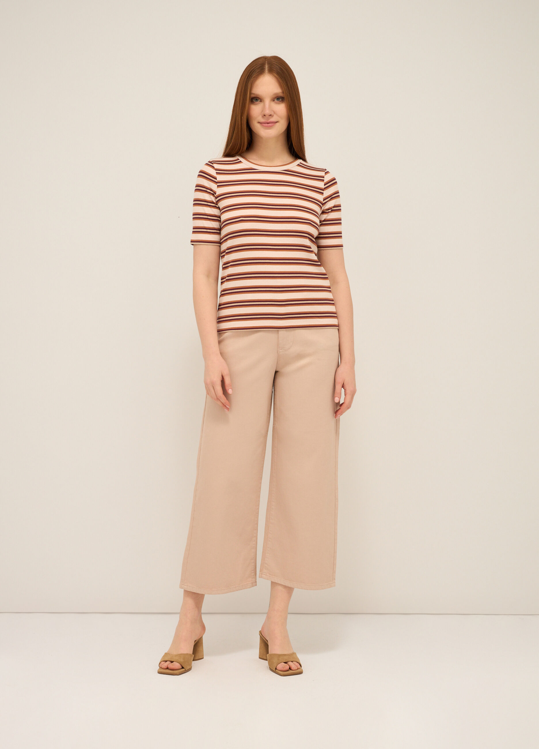 Pantaloni wide leg in denim di puro cotone donna_0