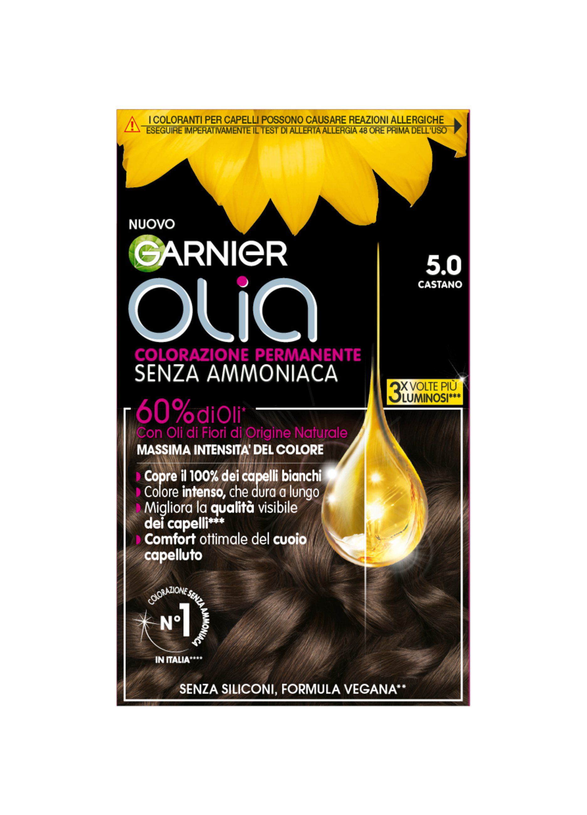 Garnier Tinta Capelli Olia, Colorazione permanente senza ammoniaca per una fragranza delicata, copre il 100% dei capelli bianchi, Con oli di fiori di origine naturale, Castano (5.0)._0