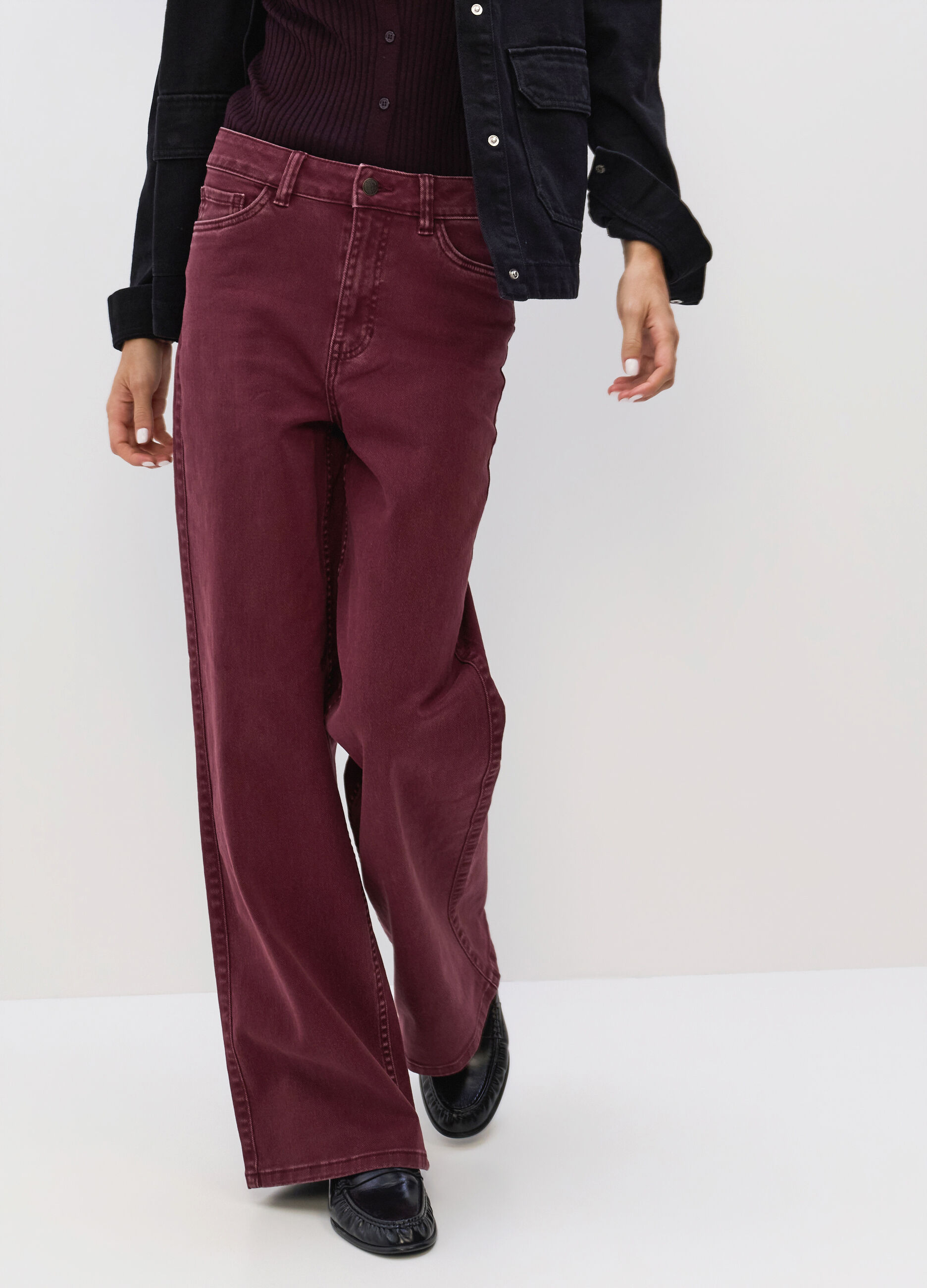 Pantaloni Wide Leg in denim di cotone stretch donna_2