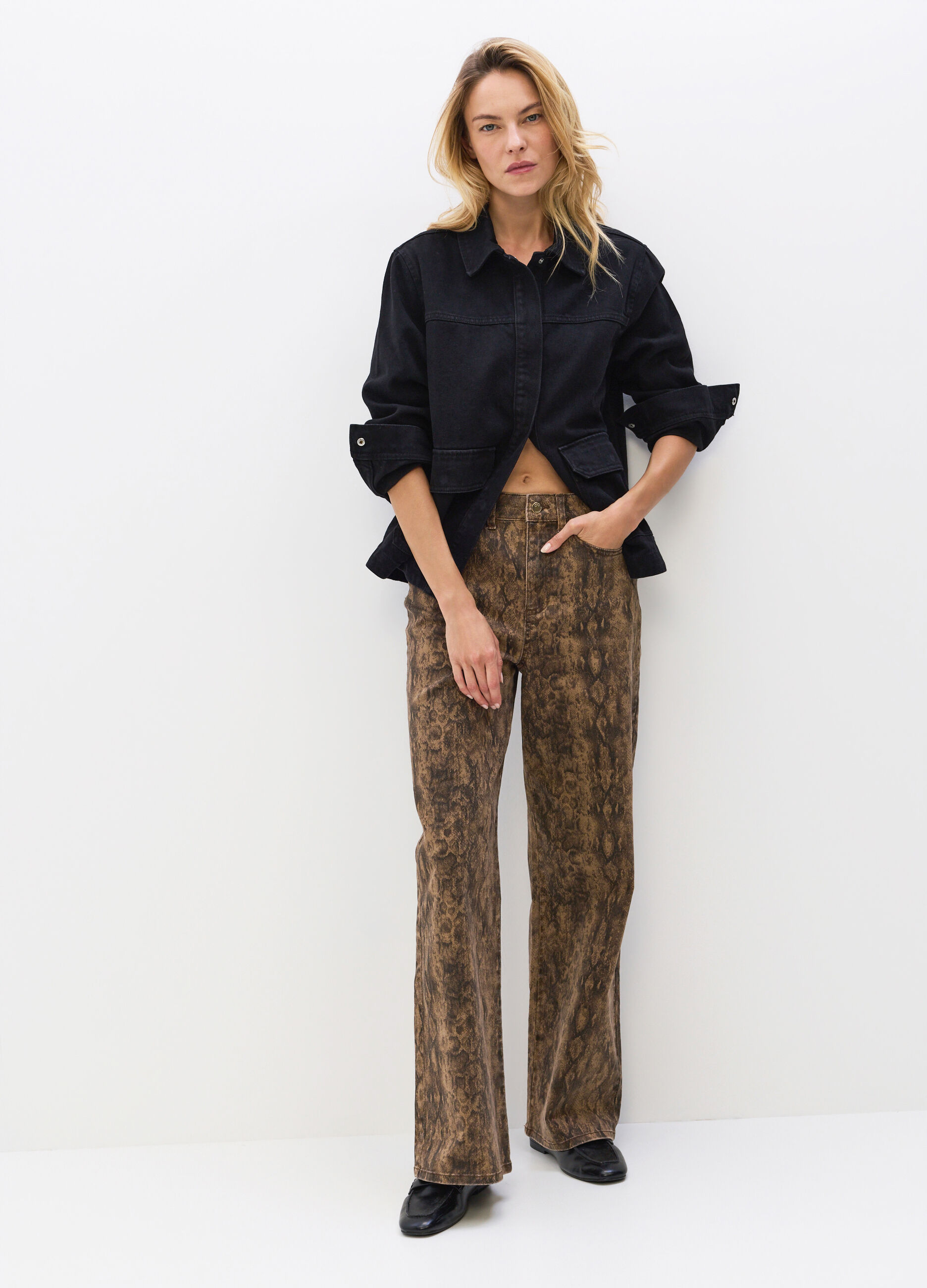 Pantaloni Wide Leg in denim di cotone stretch donna_0