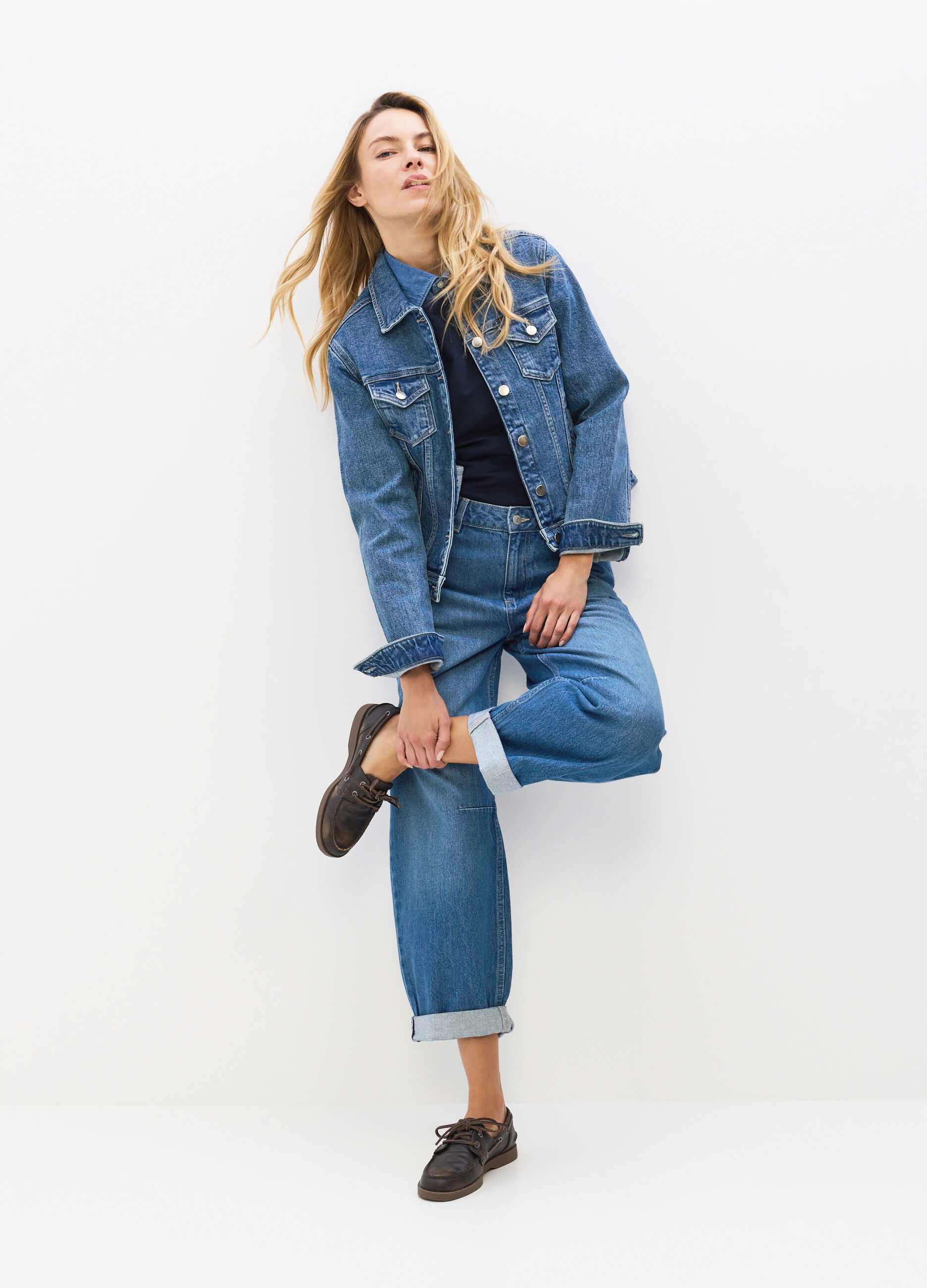 Pantaloni Barrel Fit in denim di puro cotone donna_0