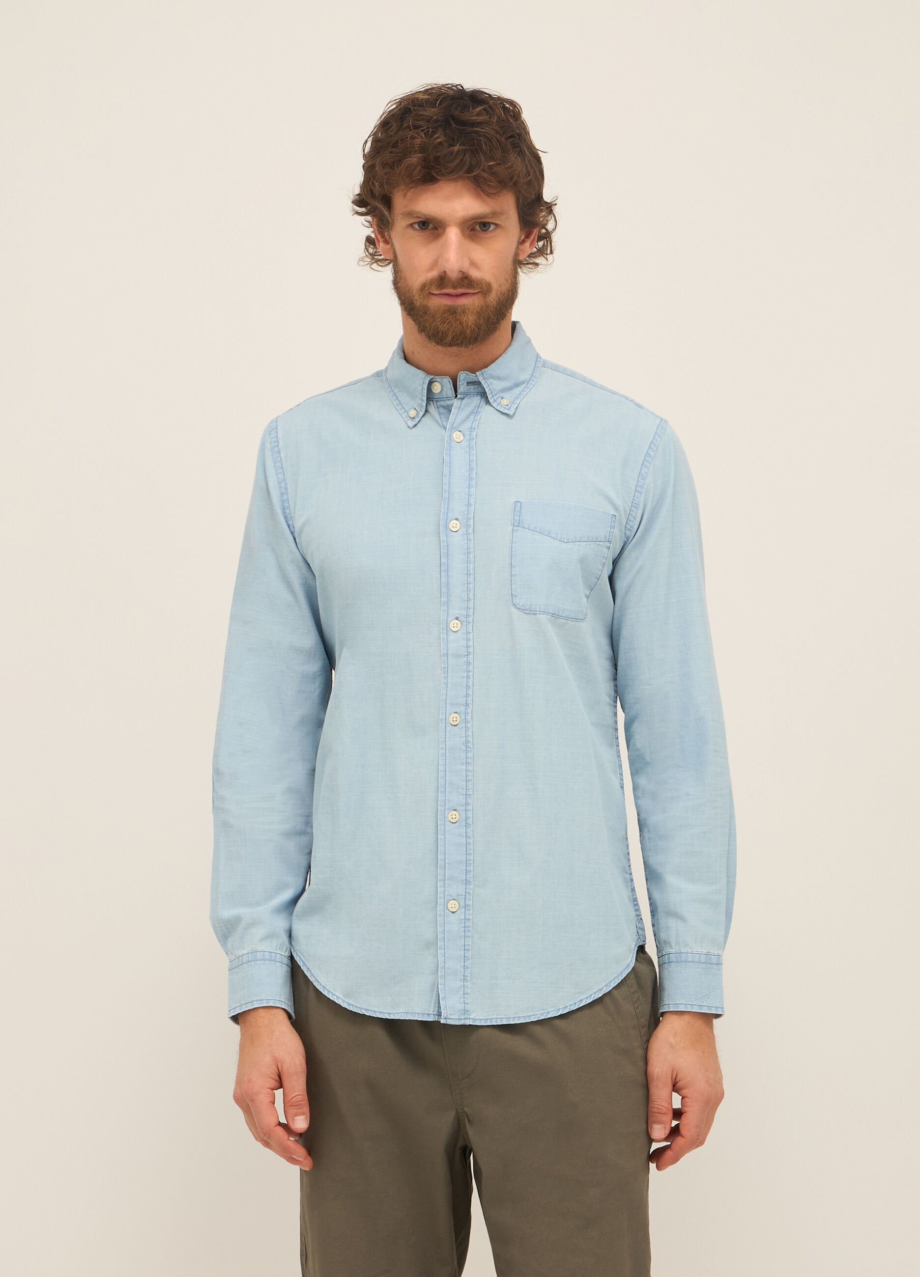 Camicia slim fit in denim di puro cotone uomo_0