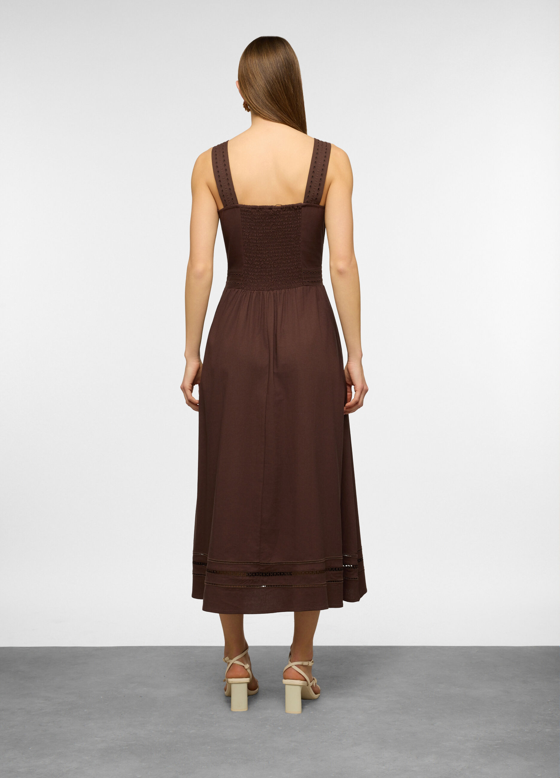 Vestito lungo fitted smanicato con scollo quadrato in misto lino donna_1