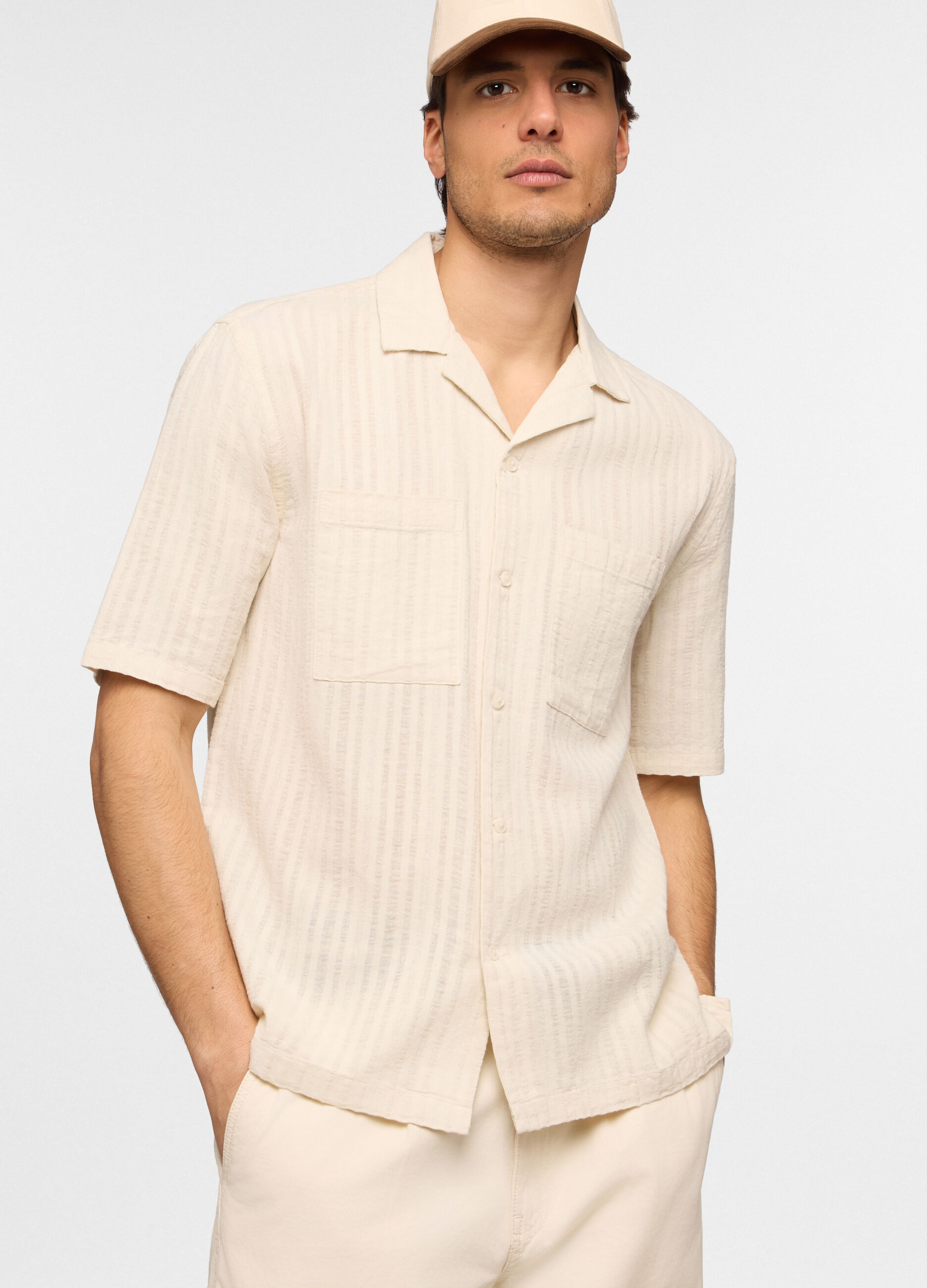 Camicia bowling a maniche corte in cotone e lino uomo_0