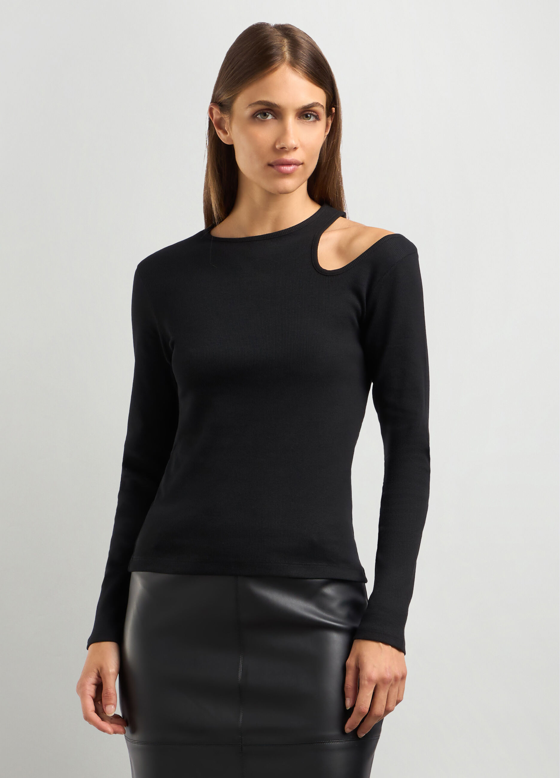 T-shirt in costina di cotone stretch donna_0