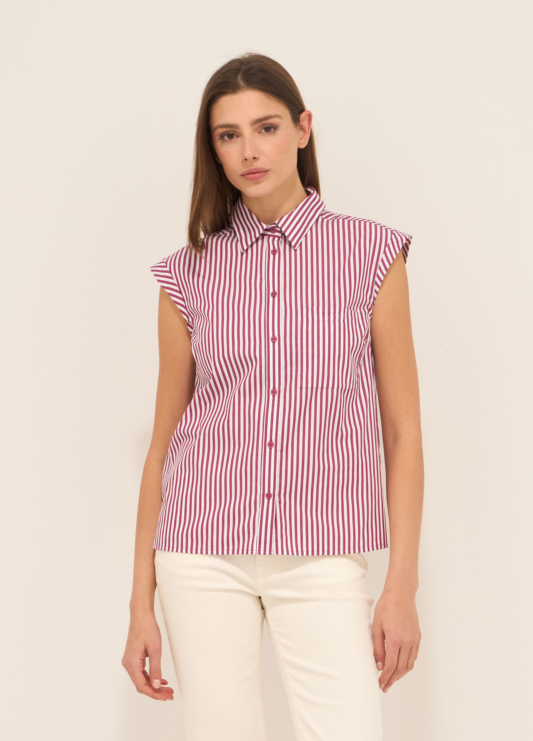 Camicia smanicata in popeline di puro cotone donna_0