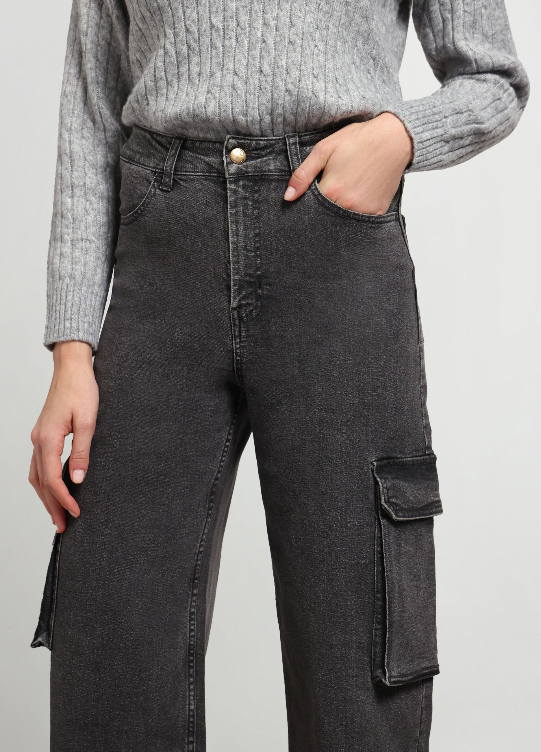 Pantaloni wide cargo in denim di cotone stretch donna_2