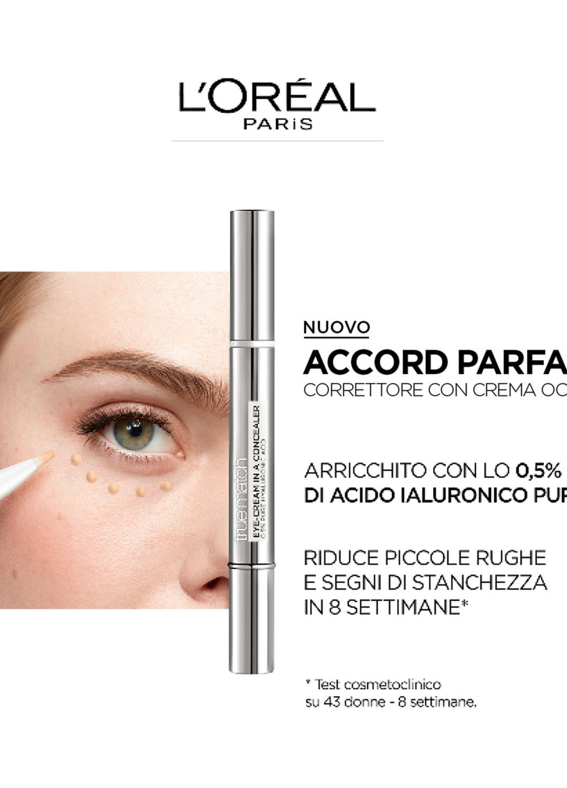 L'Oréal Paris Accord Parfait Correttore Con Crema Occhi, Formula con 0,5% di Acido Ialuronico, Pelle idratata e occhiaie minimizzate, Illumina, Corregge e Riduce le Imperfezioni in 8 Settimane, 1-2D.