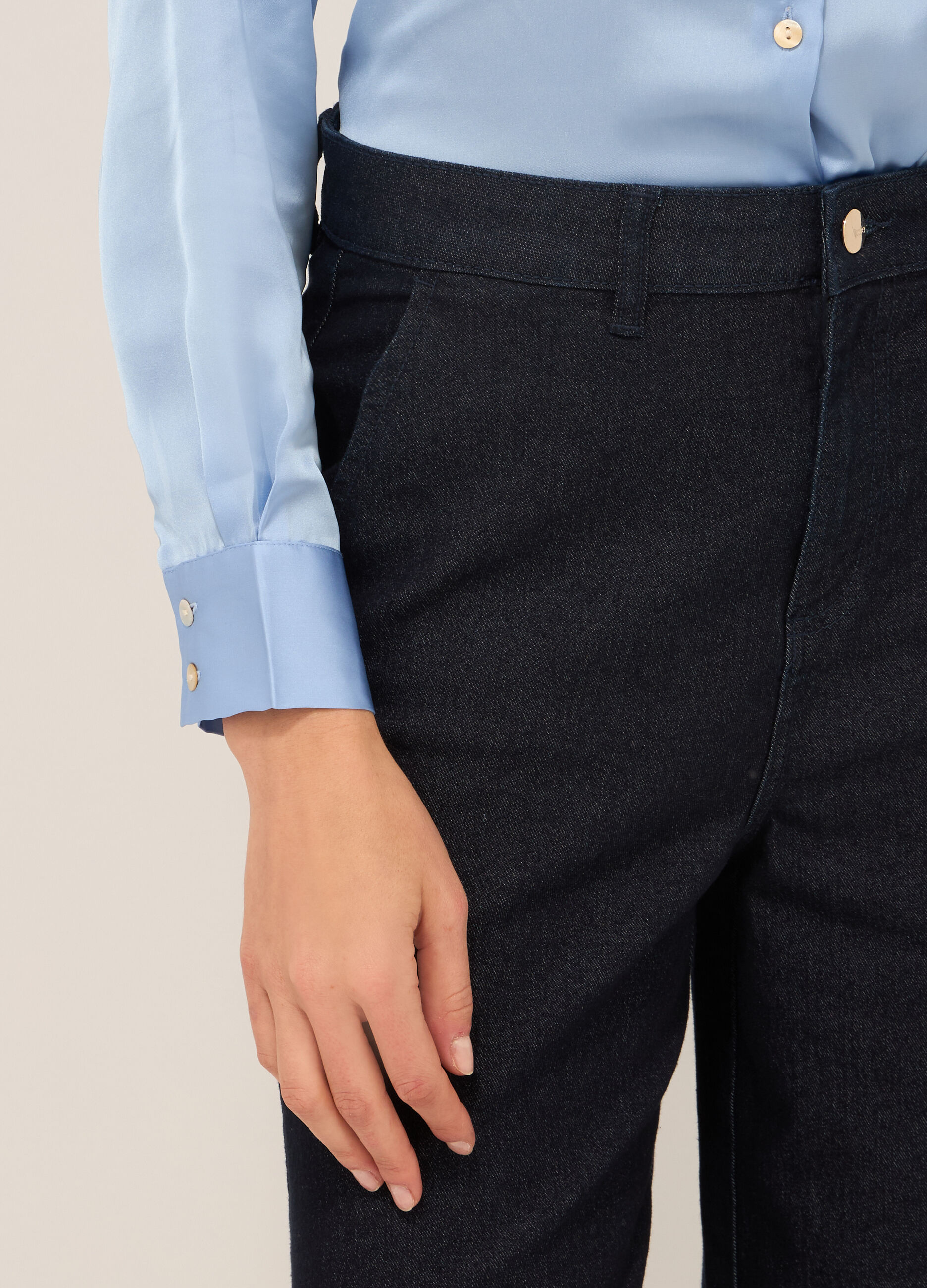 Pantaloni wide leg in denim di misto cotone donna_2