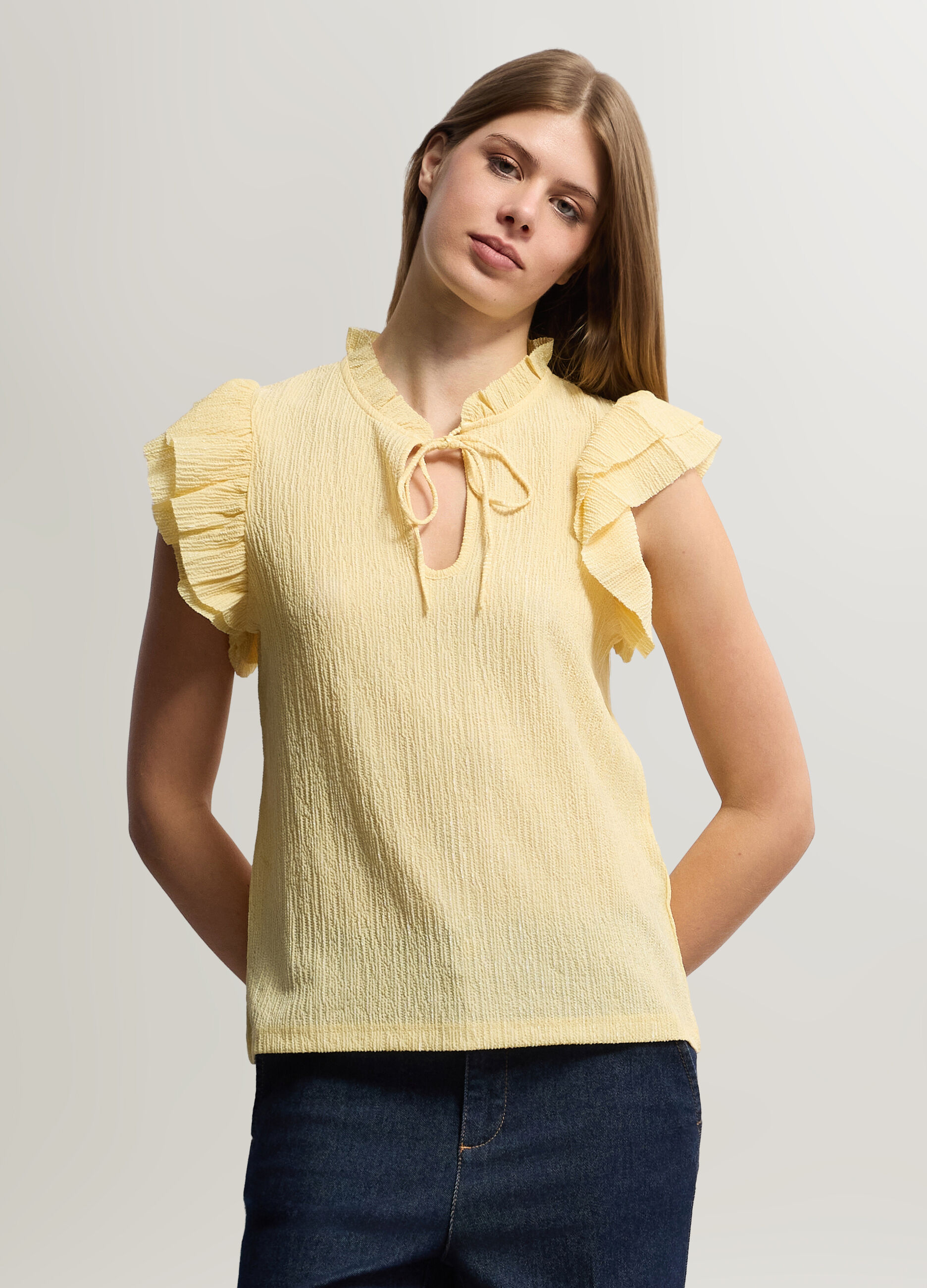 Blusa Fit Regular con scollo a goccia cr&ecirc;pe stretch donna_0