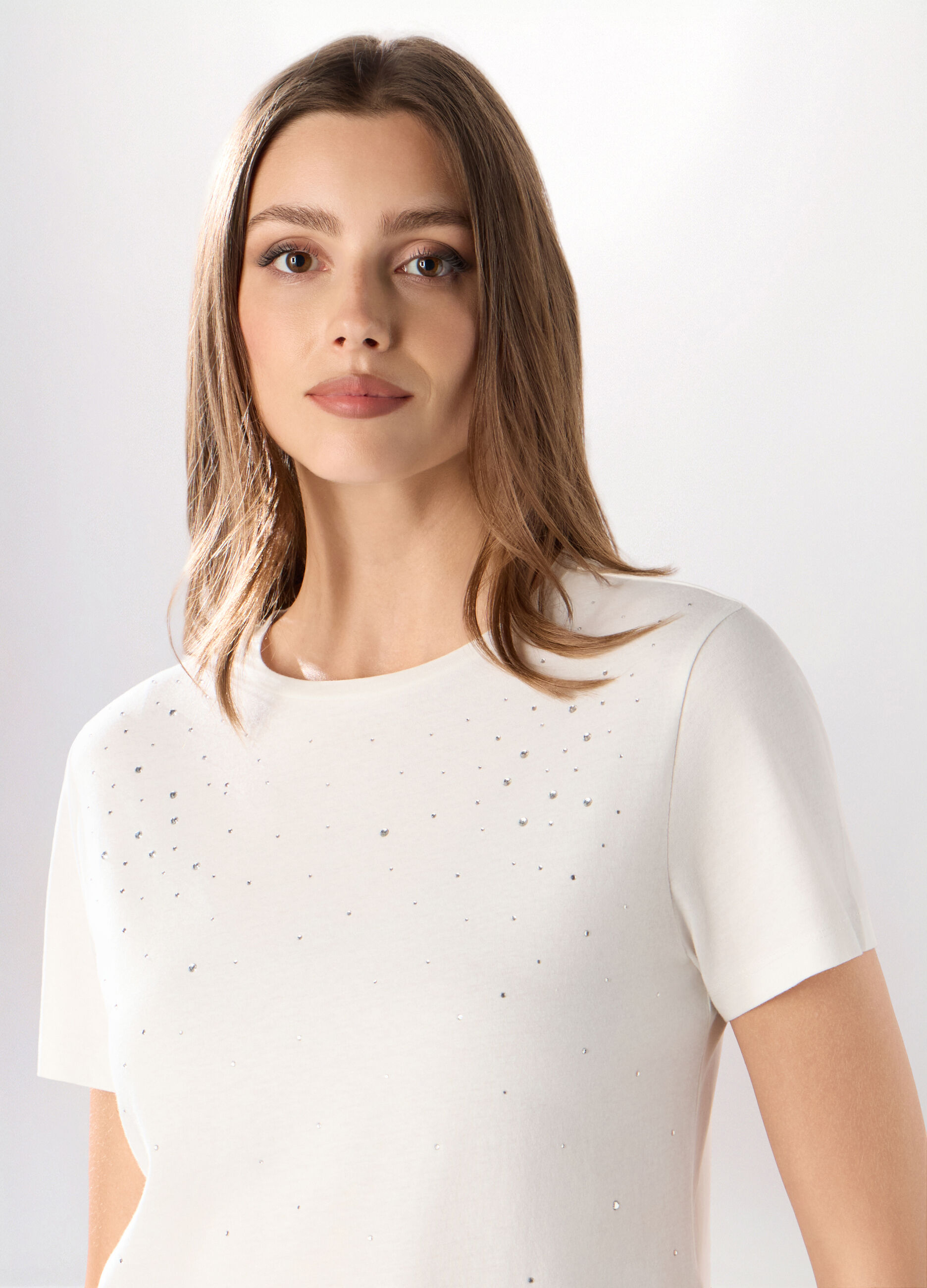 T-shirt in puro cotone con strass donna_2