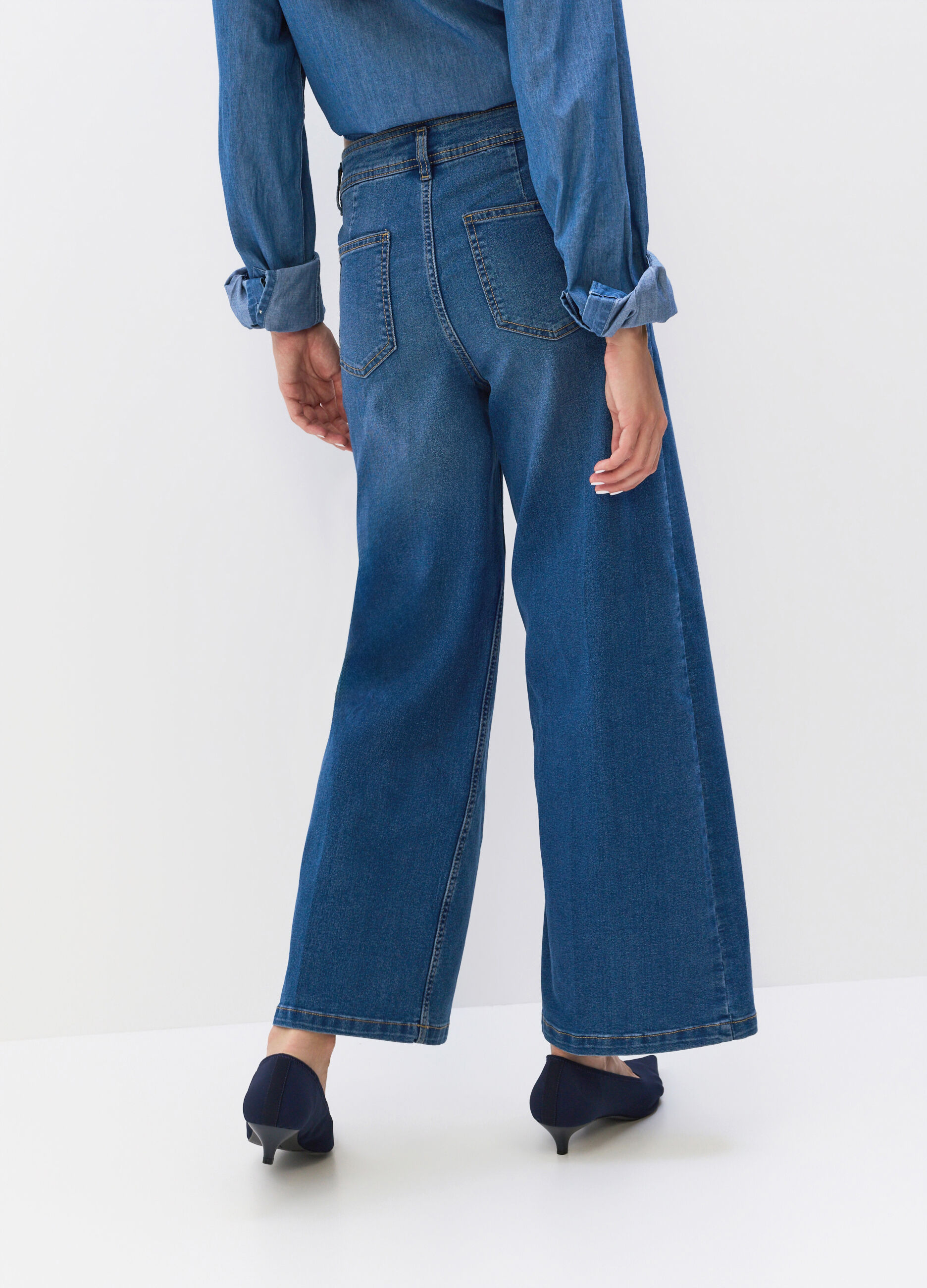 Pantaloni Wide Leg in denim di misto cotone stretch donna_1