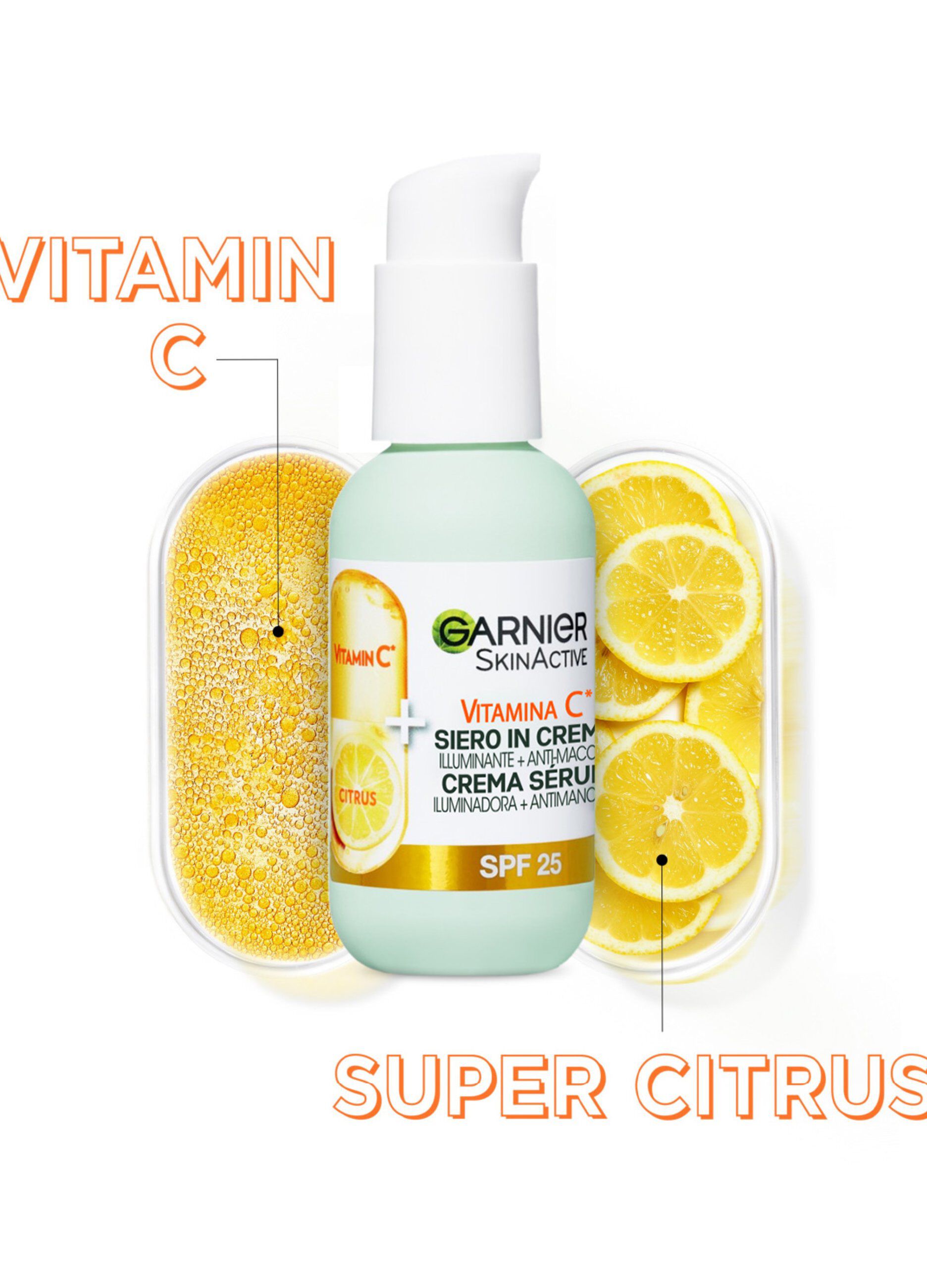 Garnier SkinActive, Siero in Crema Vitamina C, Illuminante 2 in 1 con Siero Vitamina C + Crema Idratante SPF25, Anti-Macchie, 50ml.