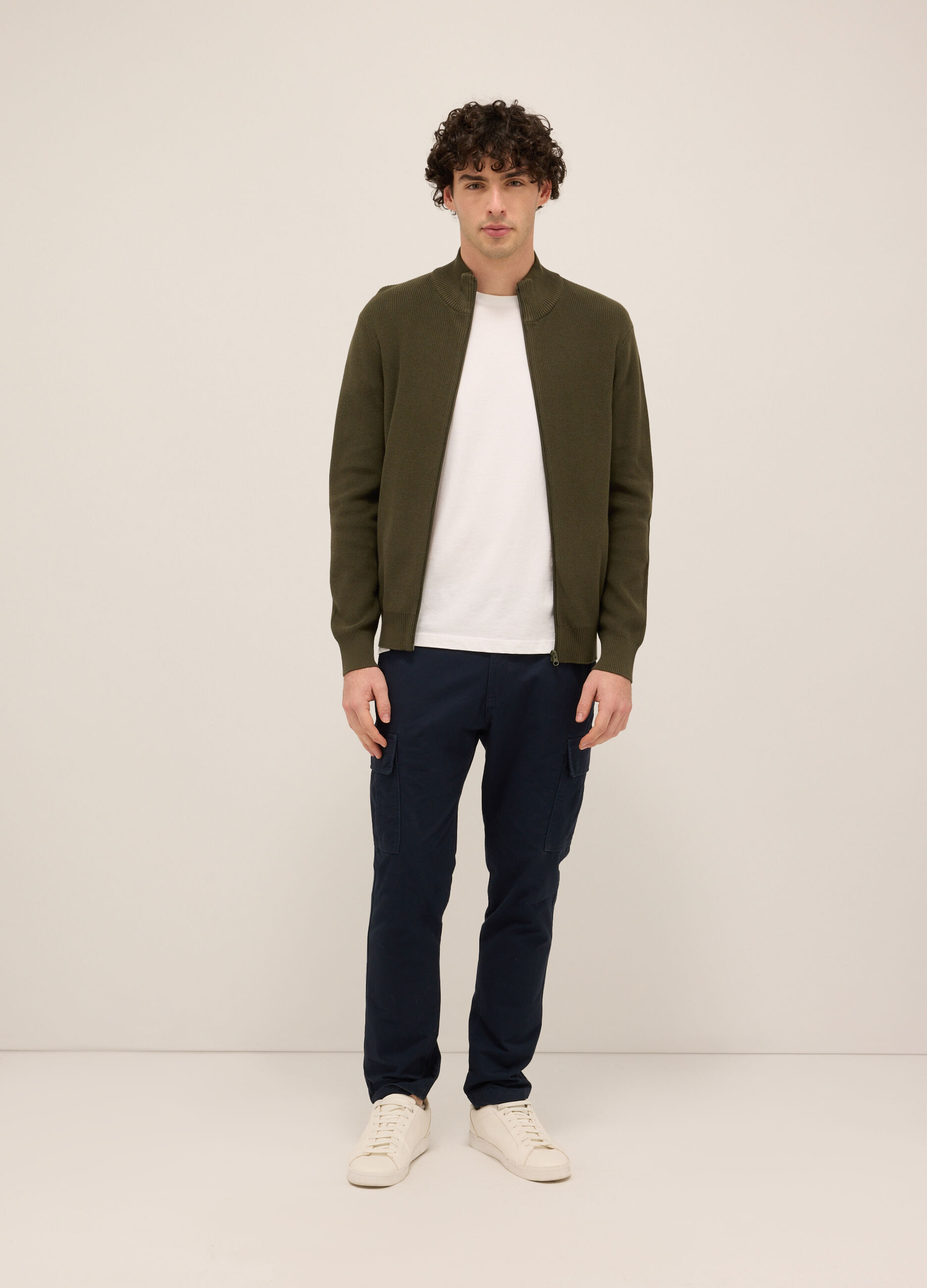 Cardigan lupetto con zip in puro cotone uomo_0
