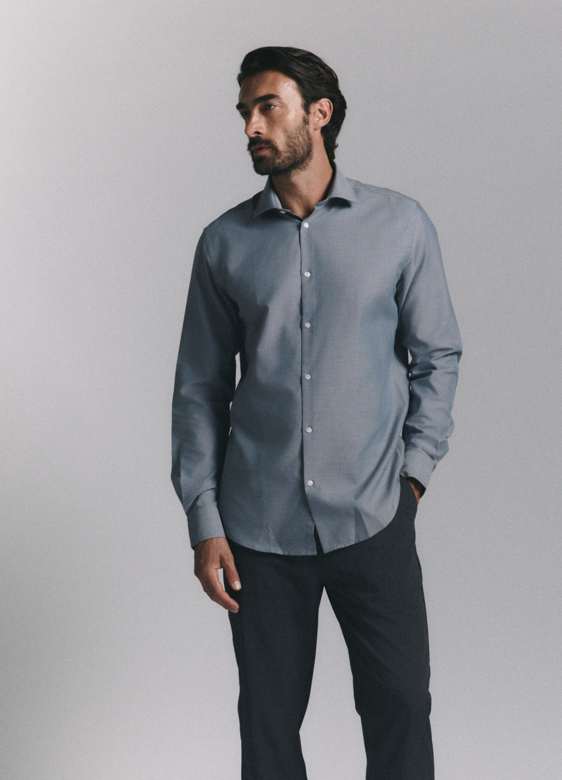 Camicia regular fit in tessuto effetto chambray uomo_1