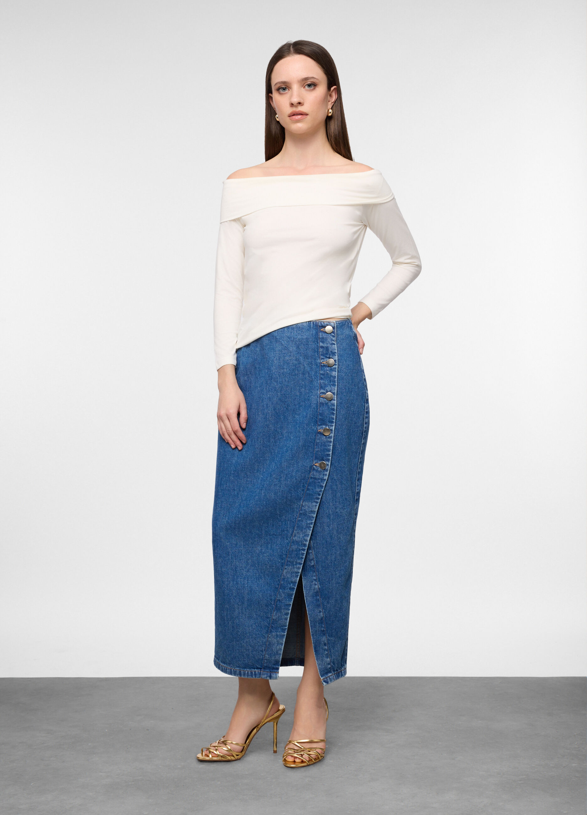Gonna lunga in denim di puro cotone donna_0
