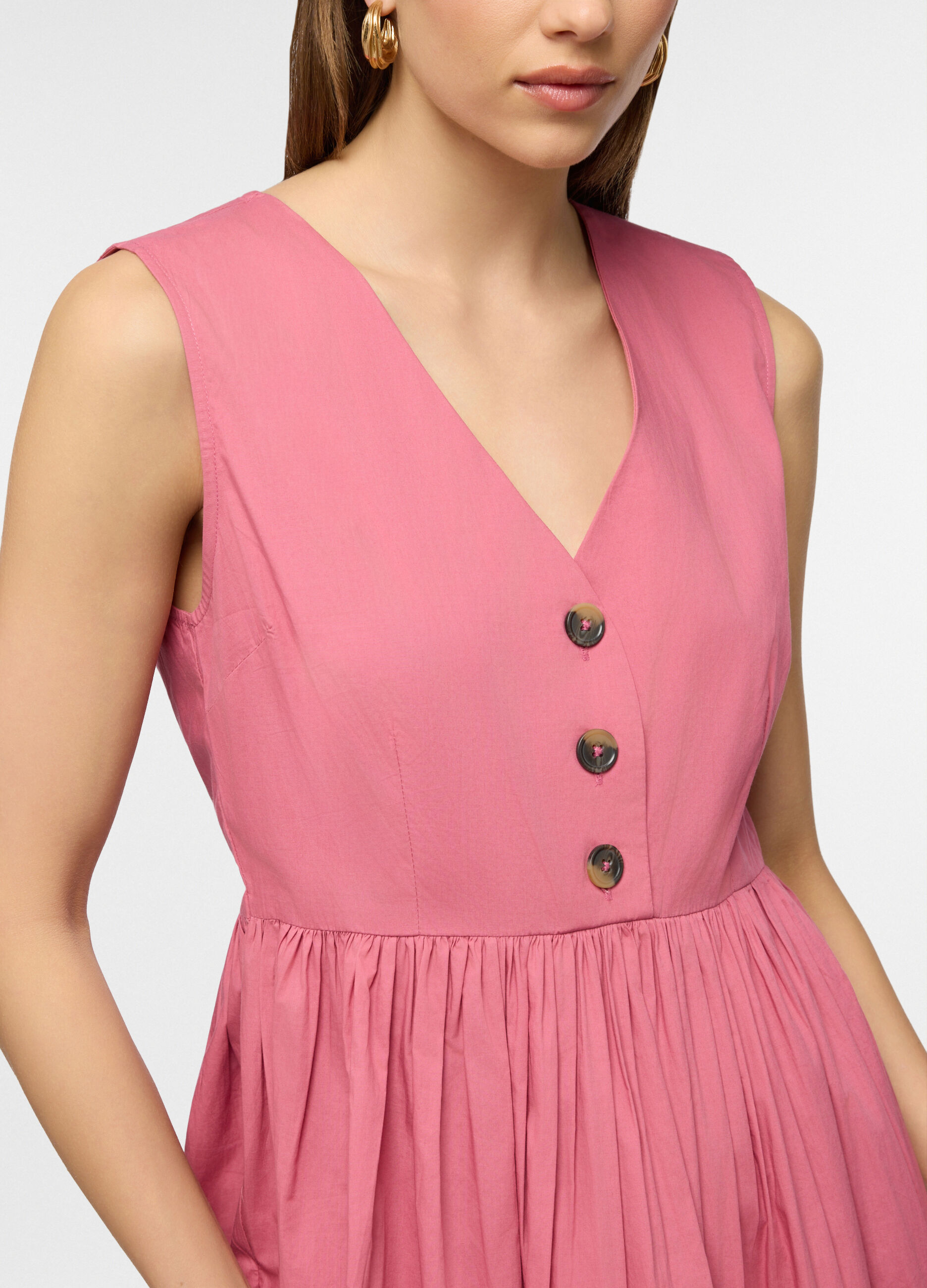Vestito midi smanicato con scollo V in puro cotone donna_2