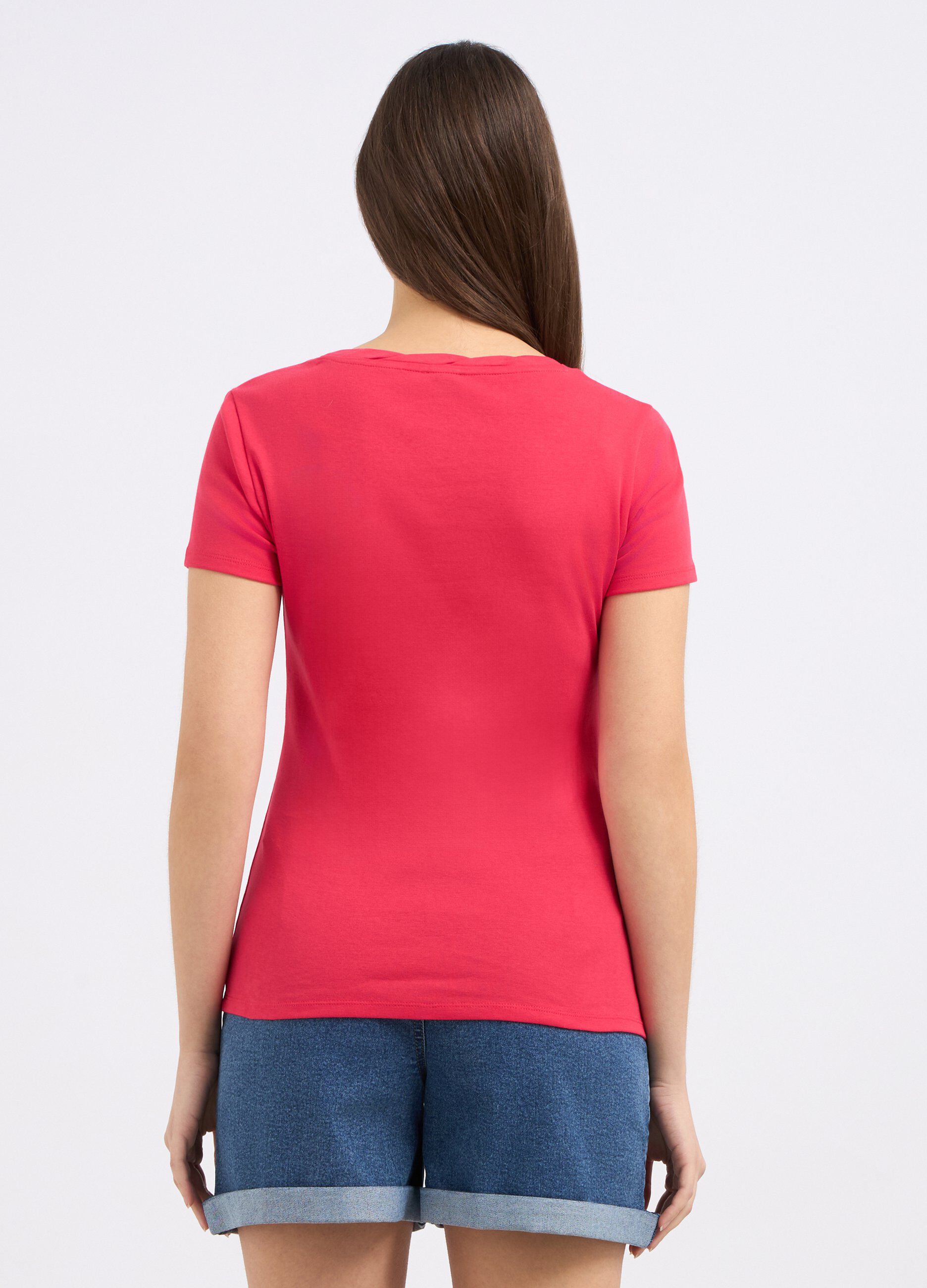 T-shirt in puro cotone con scollo rotondo lavorato donna_1