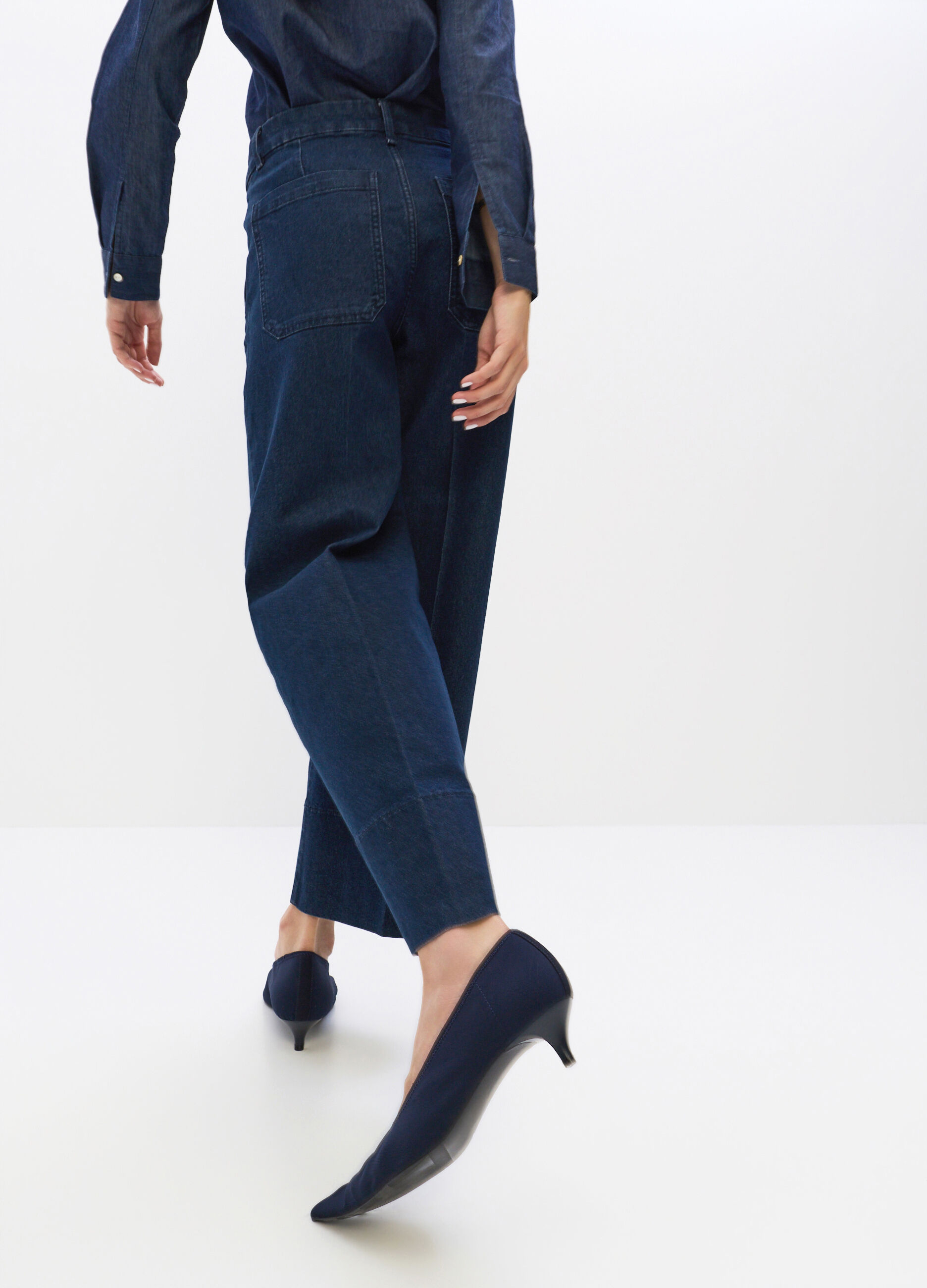 Pantaloni Wide Leg in denim di misto cotone stretch donna_1