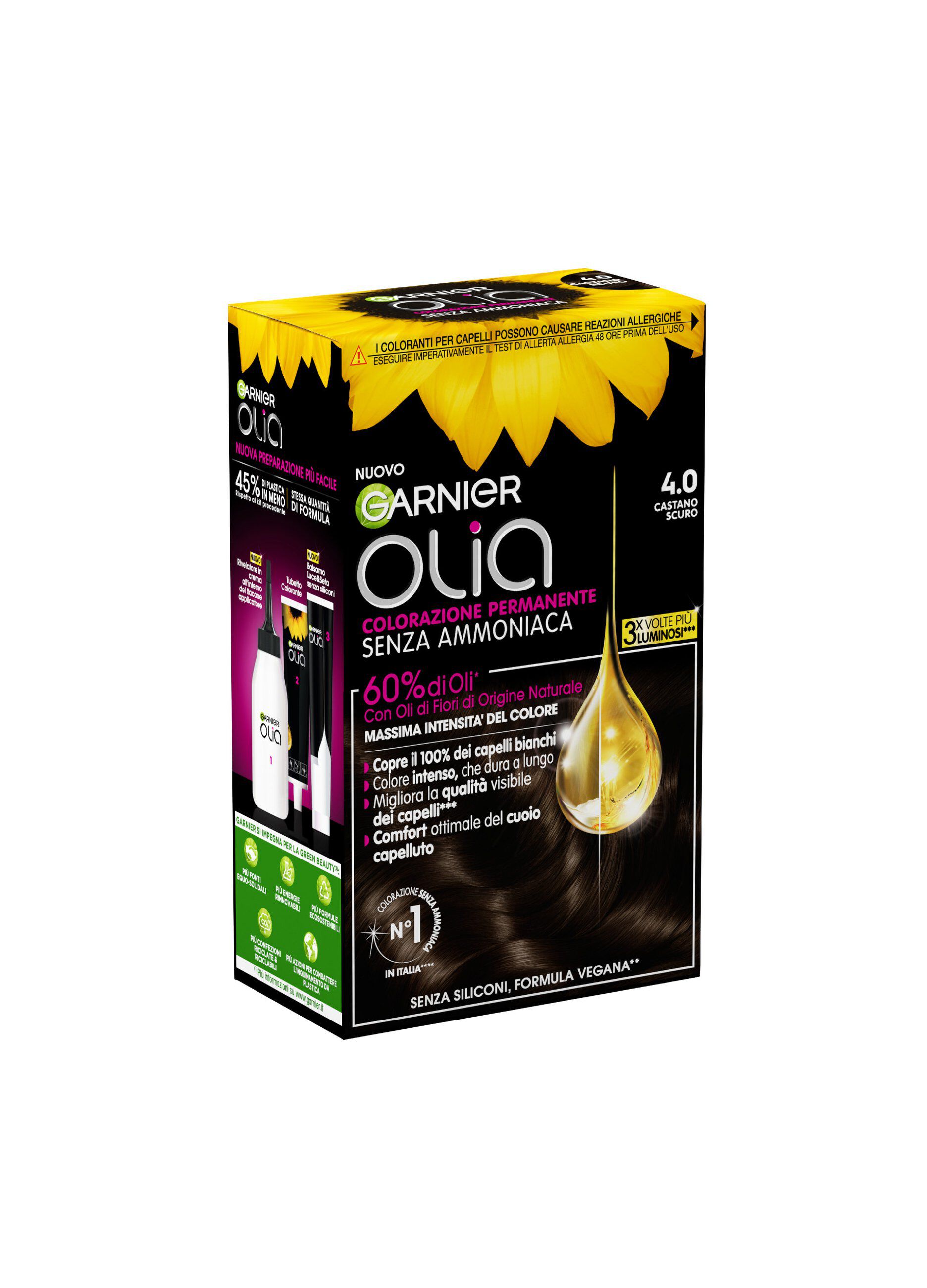 Garnier Tinta Capelli Olia, Colorazione permanente senza ammoniaca per una fragranza delicata, copre il 100% dei capelli bianchi, Con oli di fiori di origine naturale, Castano Scuro (4.0)._1
