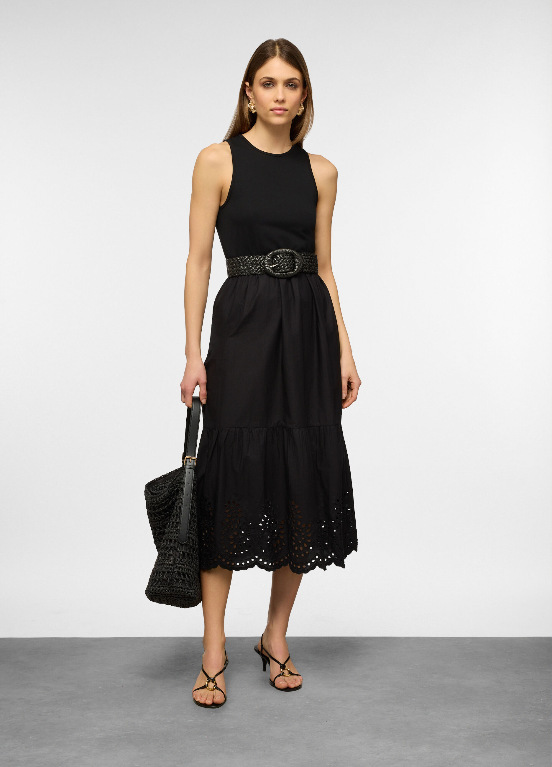 Vestito lungo smanicato a girocollo in puro cotone con ricamo donna_0