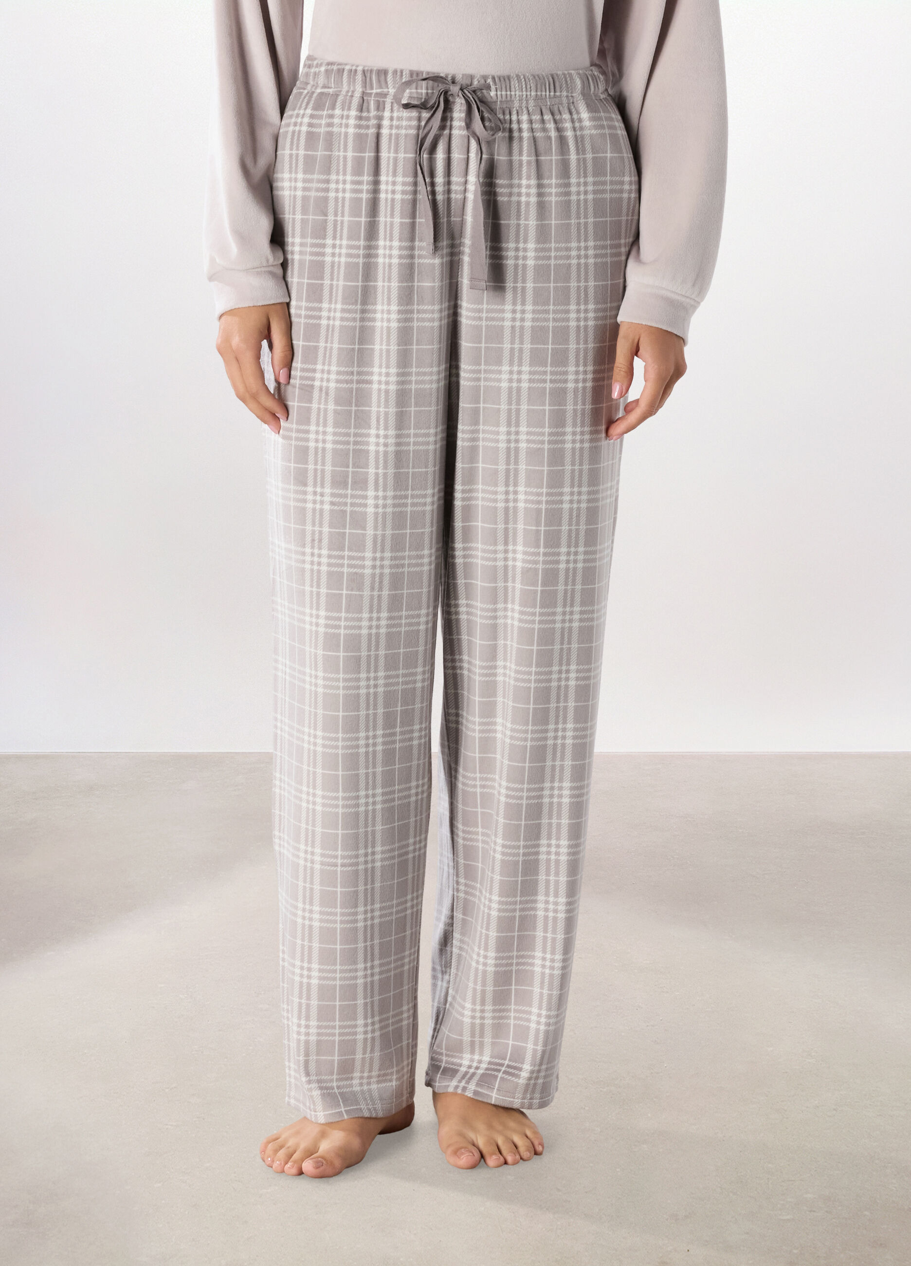 Pantalone lungo pigiama in velluto a quadri donna_1