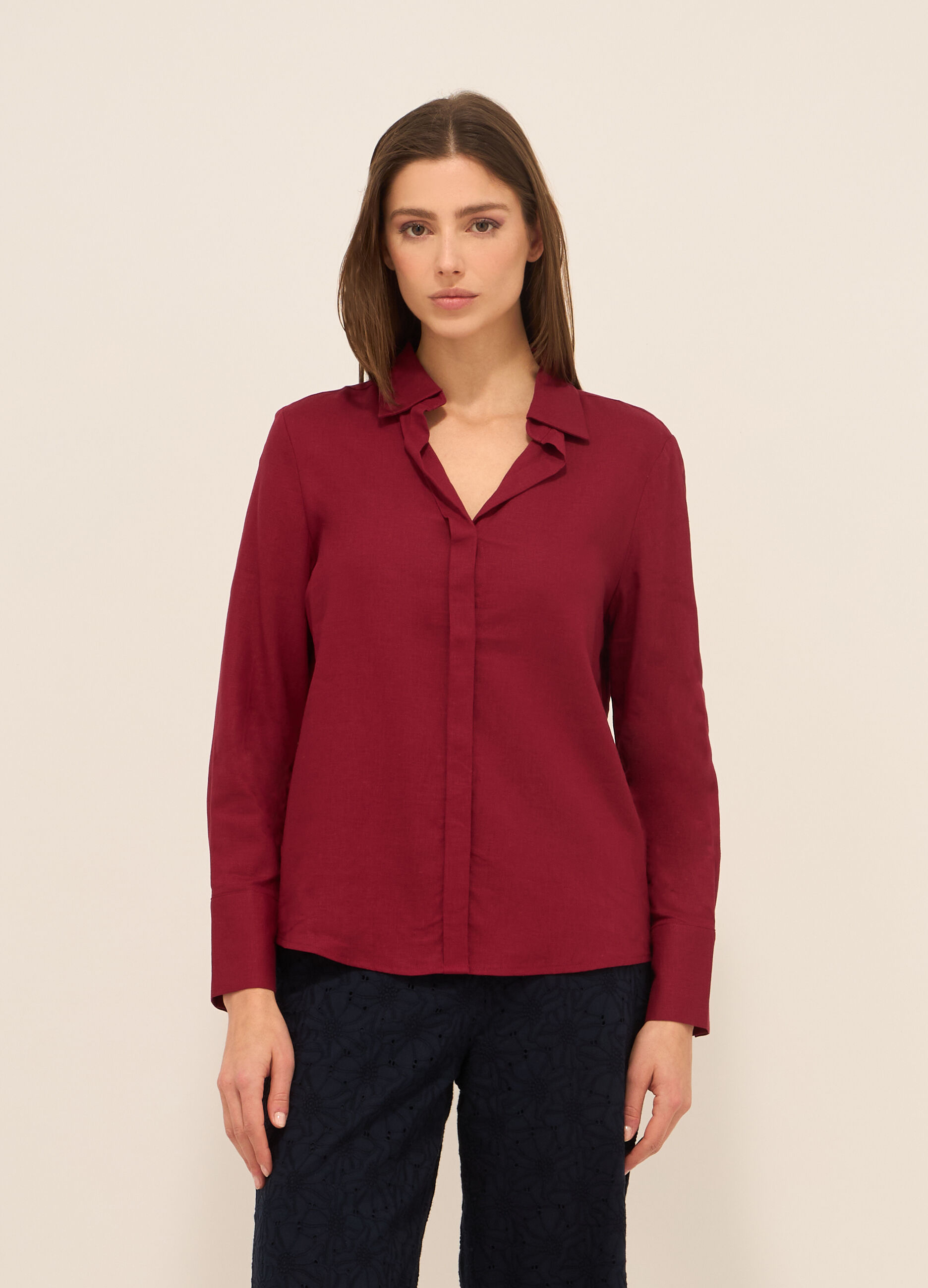 Camicia misto lino con scollo a V donna_0
