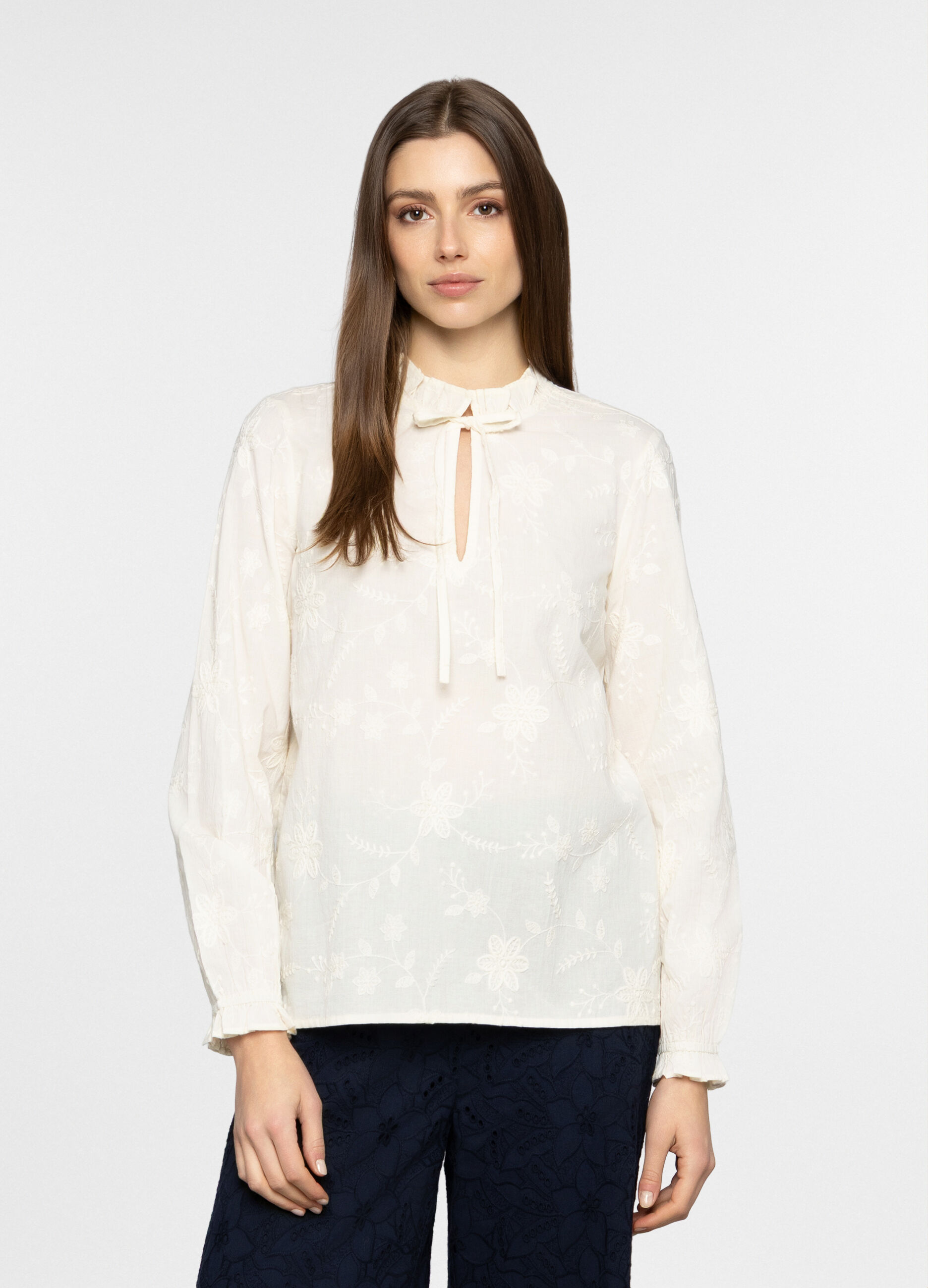 Blusa regular fit con scollo a goccia in puro cotone donna_0