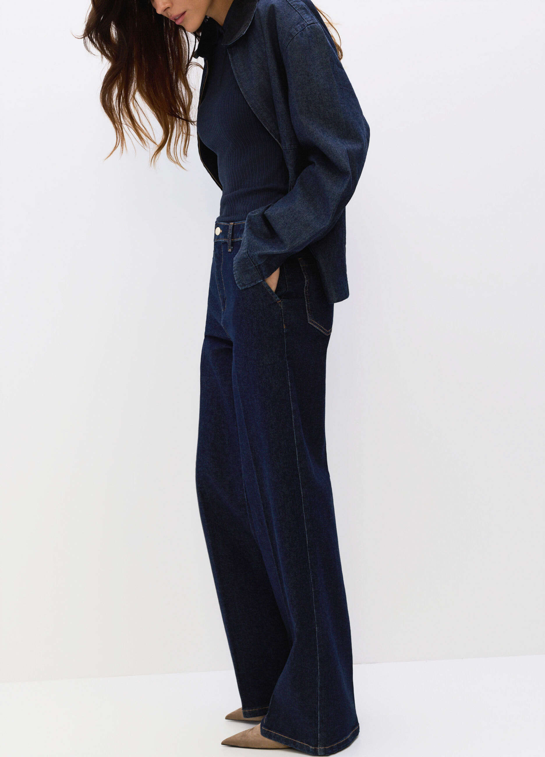 Pantaloni Wide Leg in denim di cotone stretch donna_2