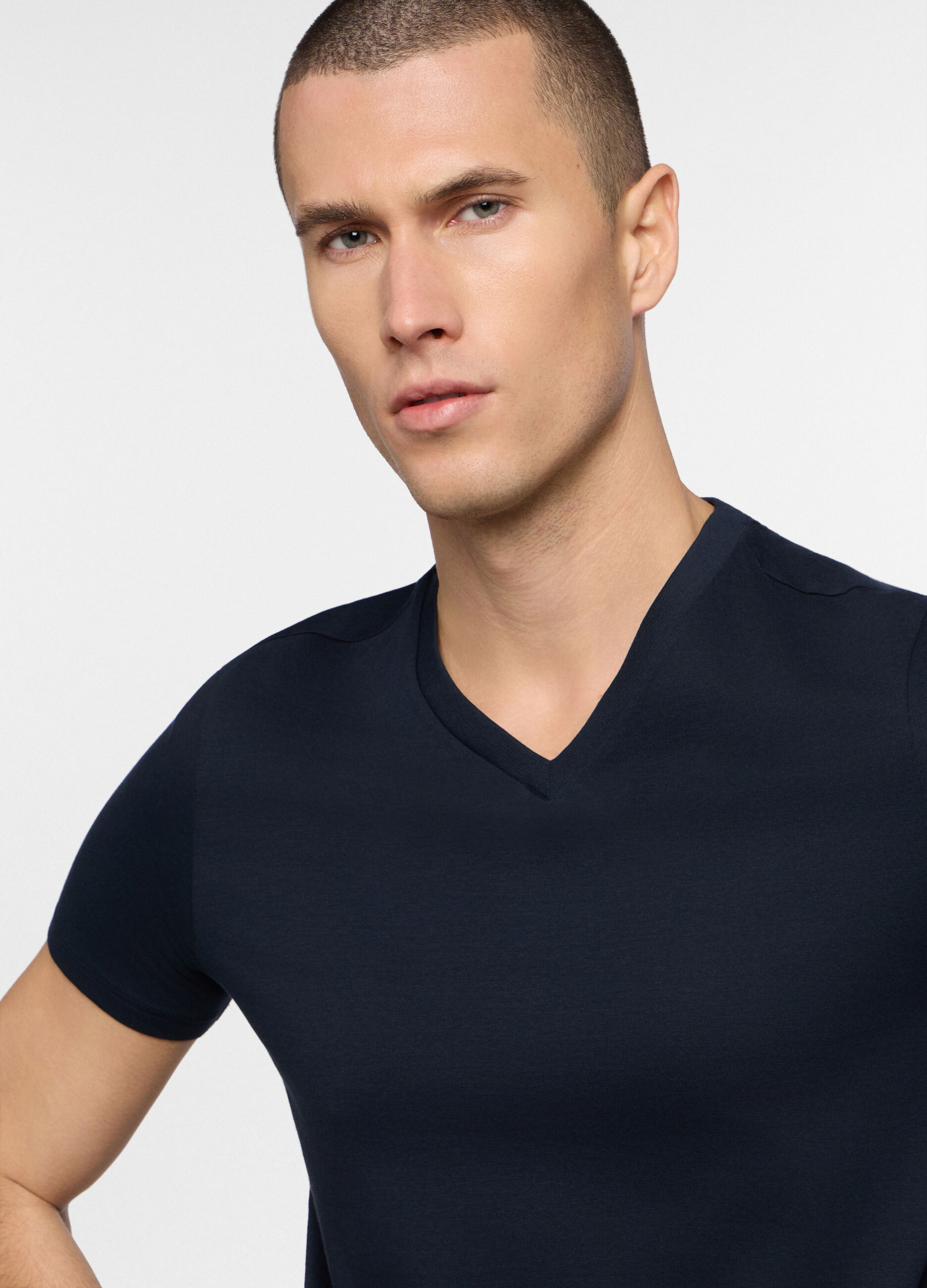 T-shirt scollo a V in jersey di puro cotone uomo_2