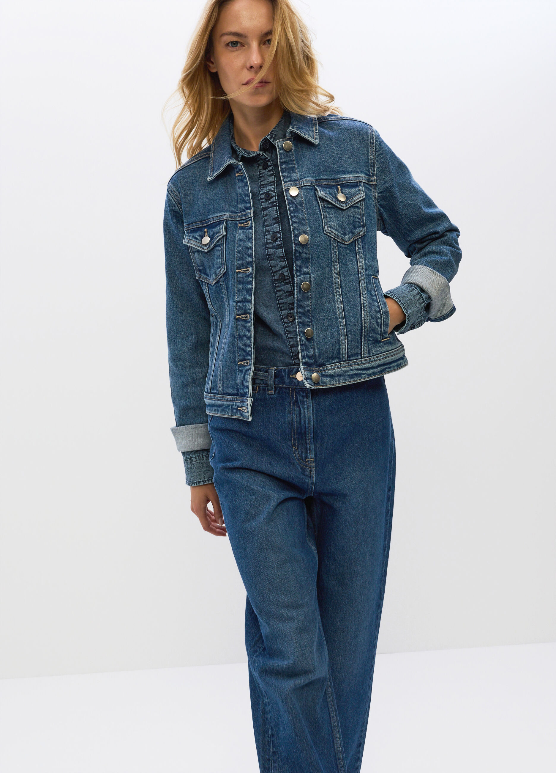 Pantaloni Straight Fit in denim di puro cotone donna_4