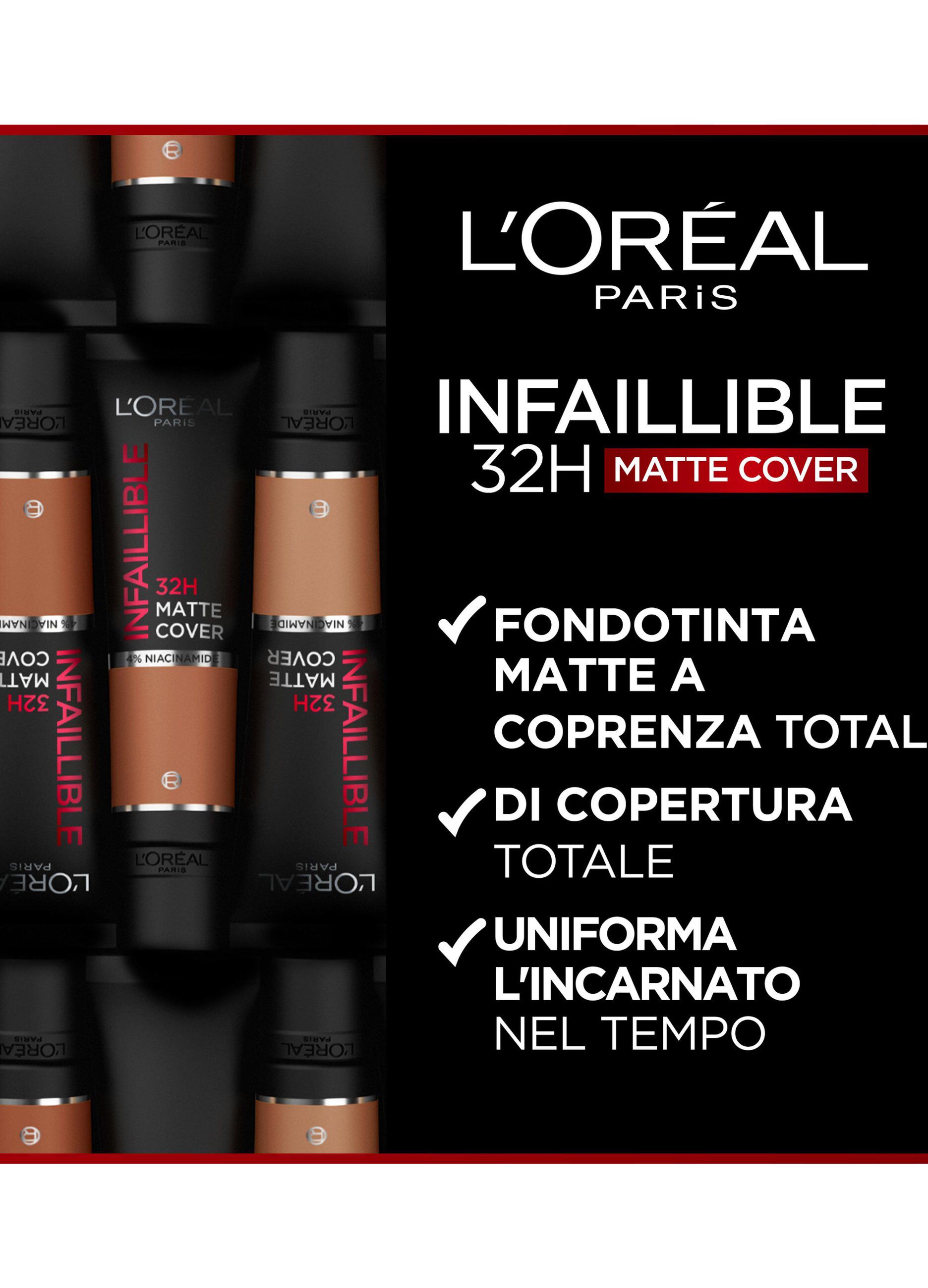L'Oréal Paris Fondotinta Infaillible 32H Matte Cover, Make-Up dal Finish Matte Copertura Totale sulla Pelle, 145 Beige Rosé, 30 ml.