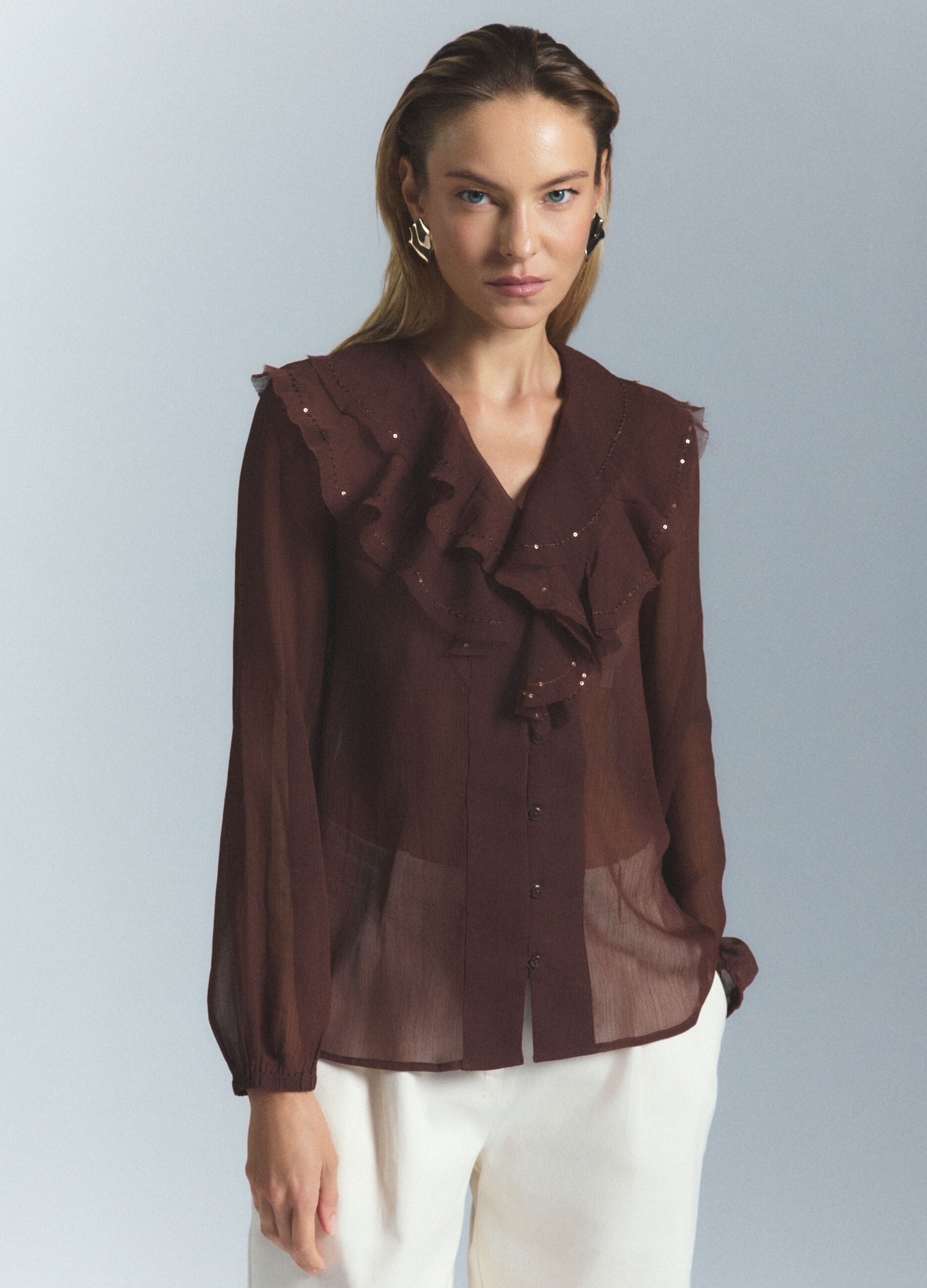 Camicia Fit Regular con scollo a V in chiffon donna_1