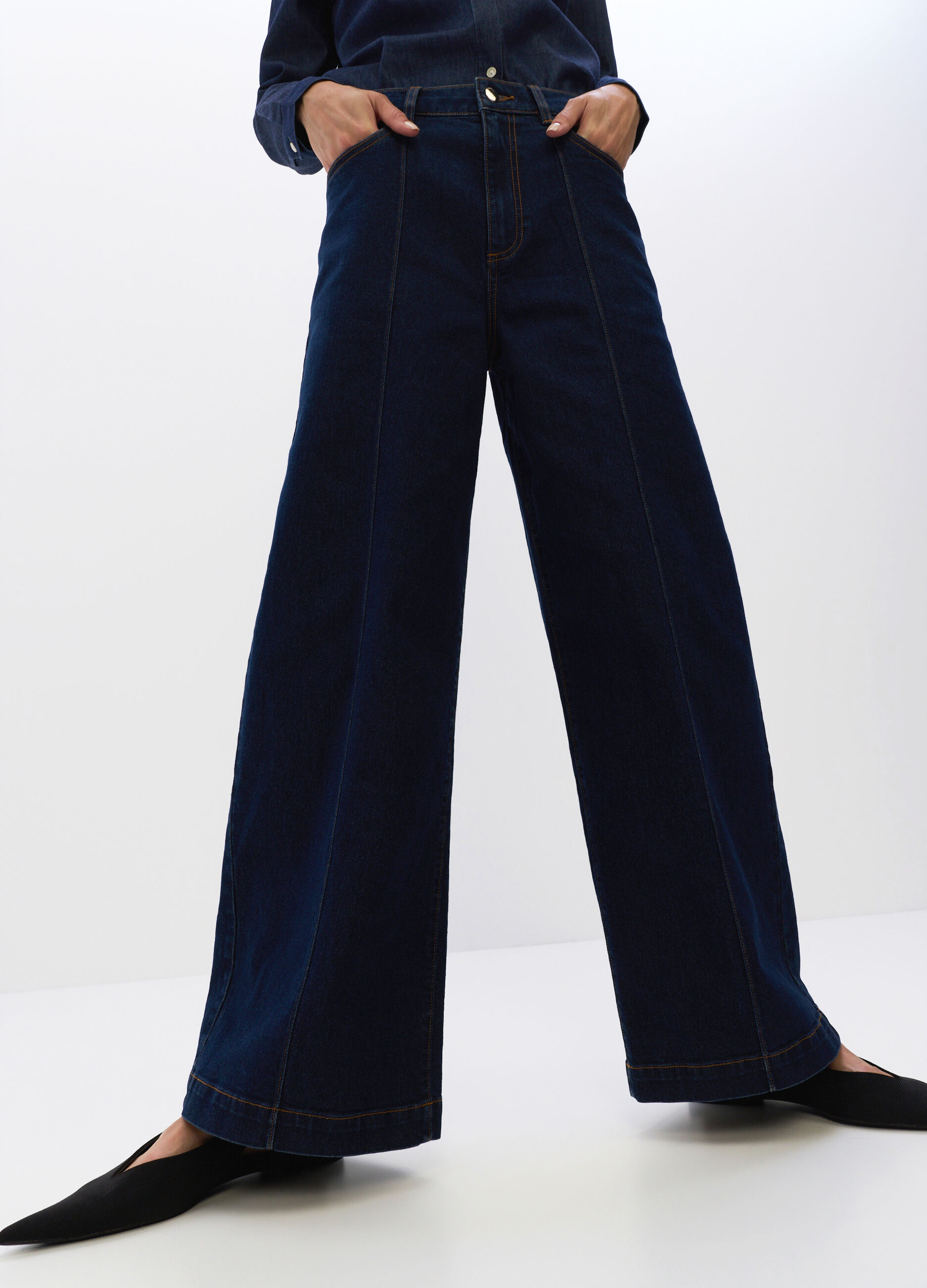 Pantaloni Wide Leg in denim di misto cotone stretch donna_2