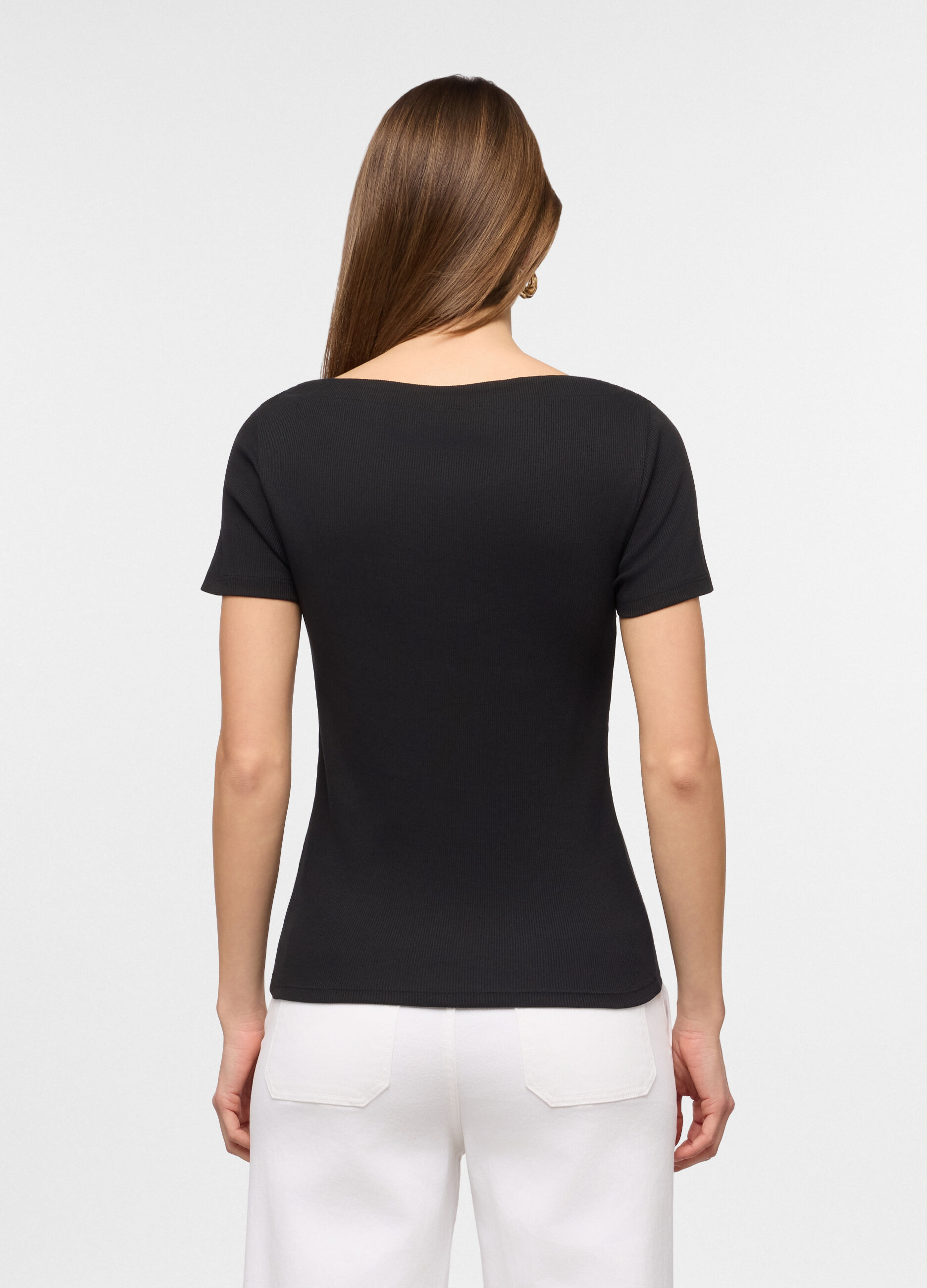 T-shirt con scollo a barca in costina di puro cotone donna_1