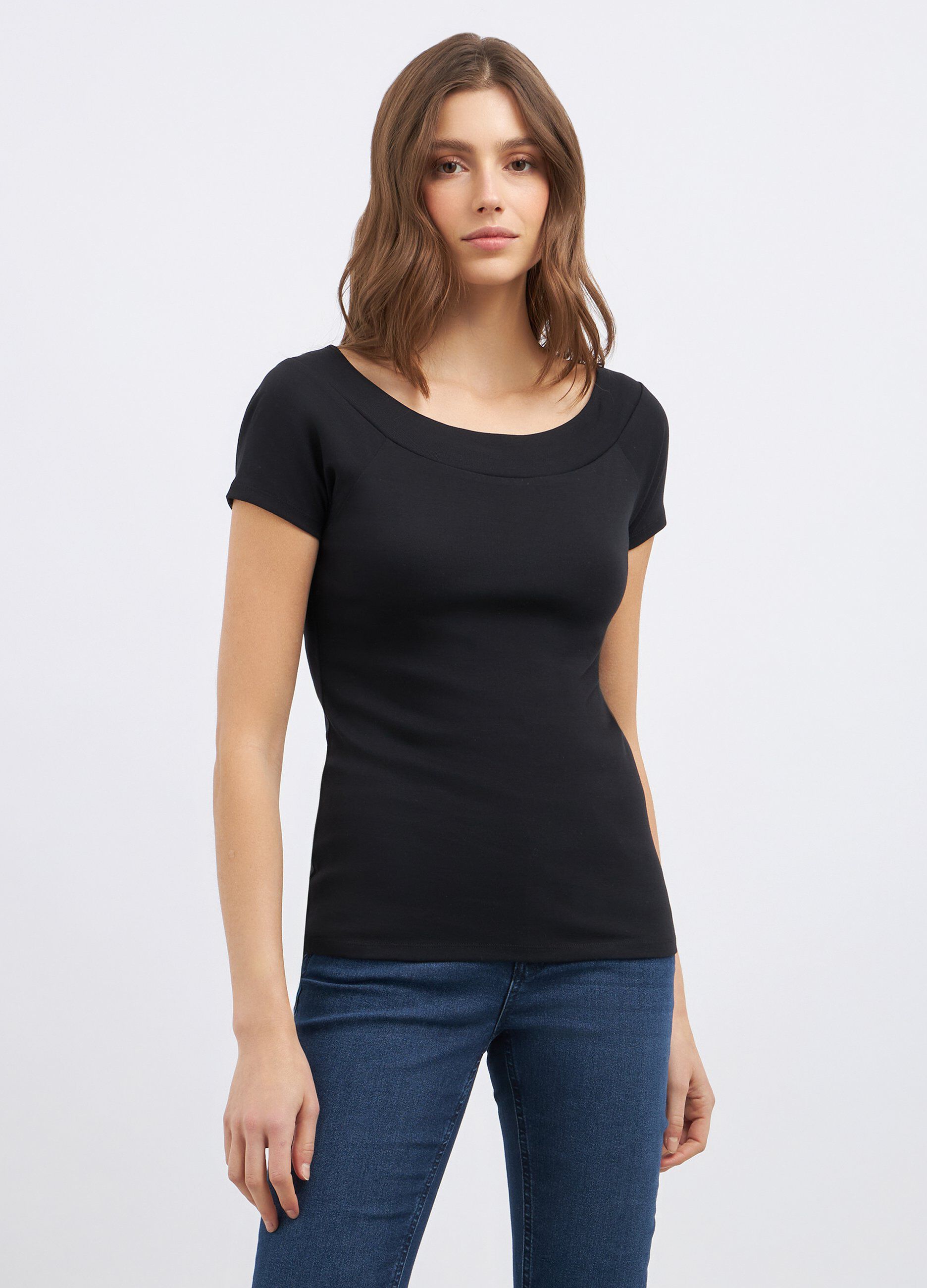 T-shirt in puro cotone con scollo a barchetta donna_0