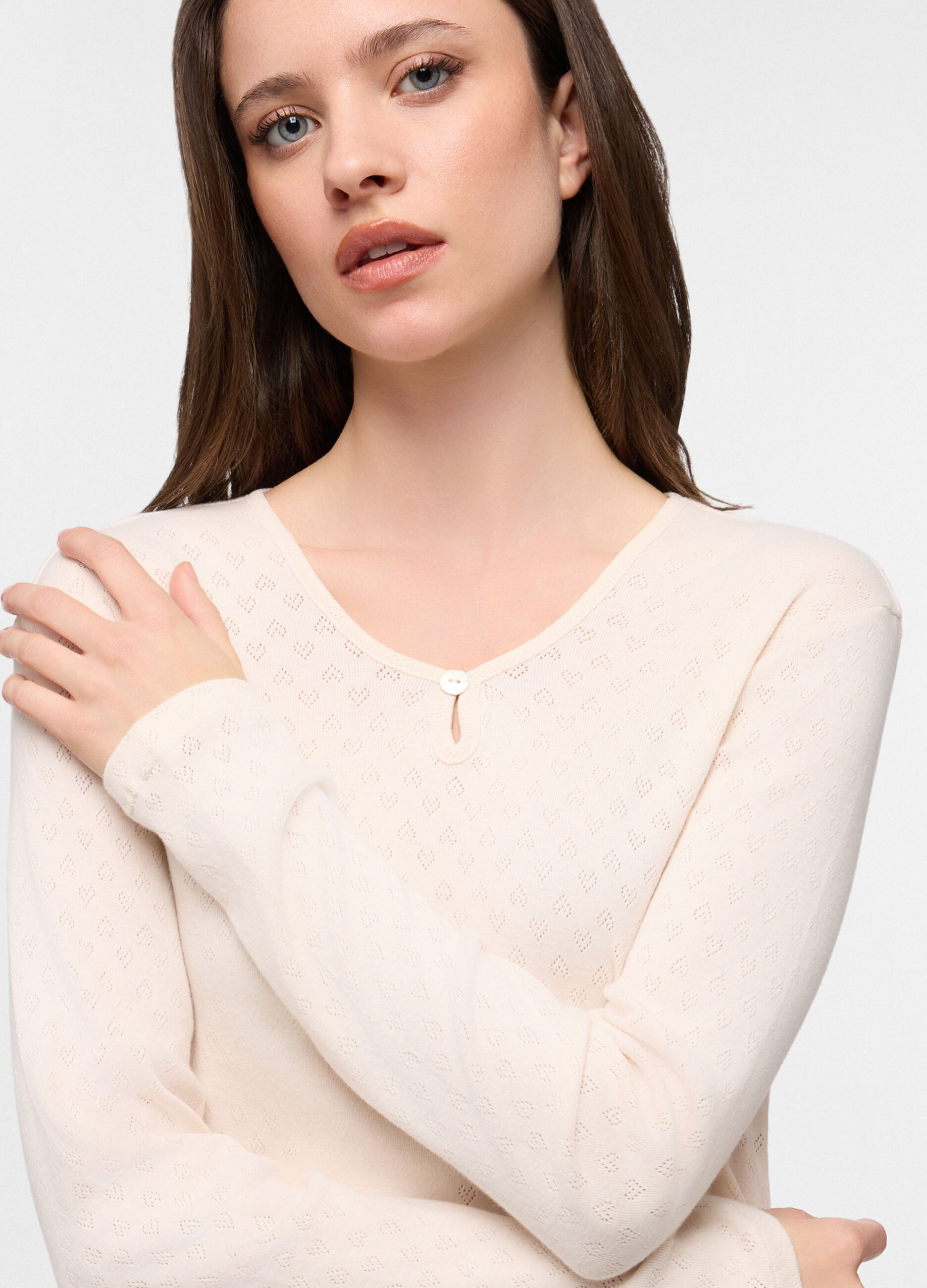 Set pigiama lungo in puro cotone con motivo traforato donna_2