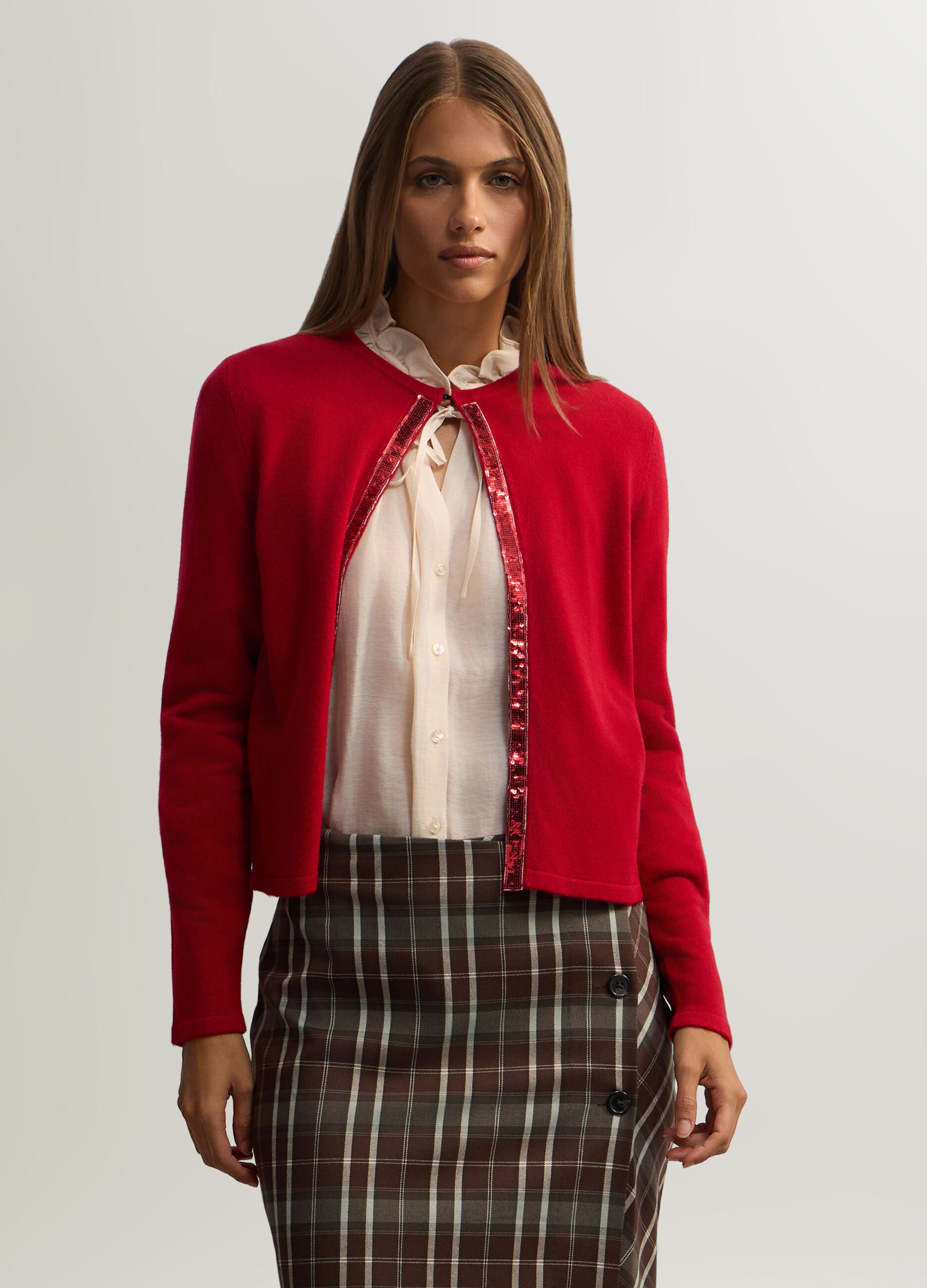 Cardigan girocollo in maglia rasata donna_0