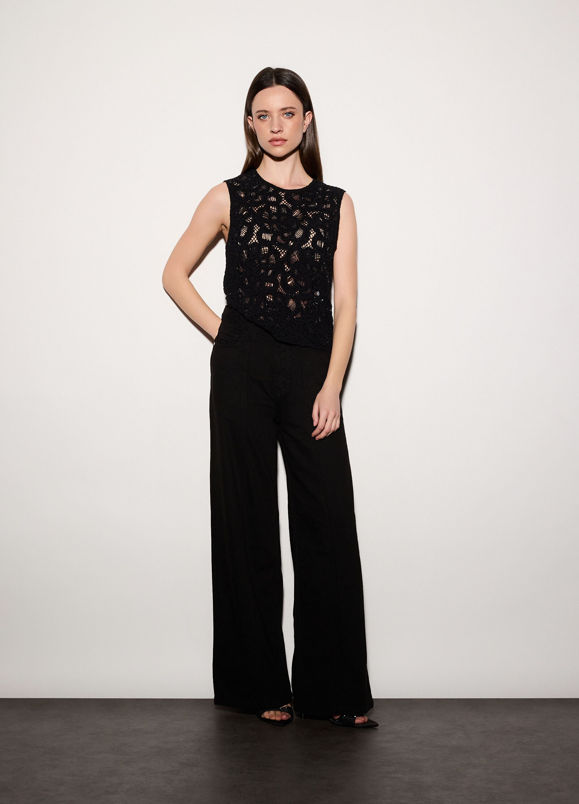 Pantaloni wide leg in denim donna_0