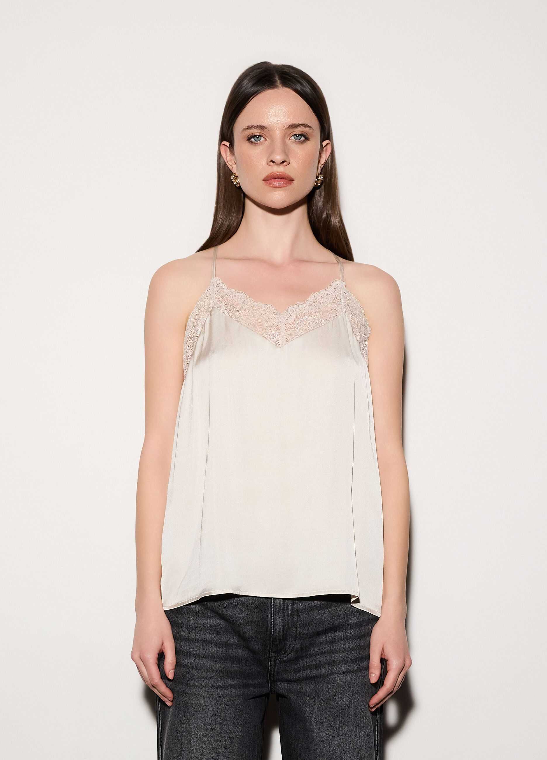 Top con scollo a V in raso e pizzo donna_1