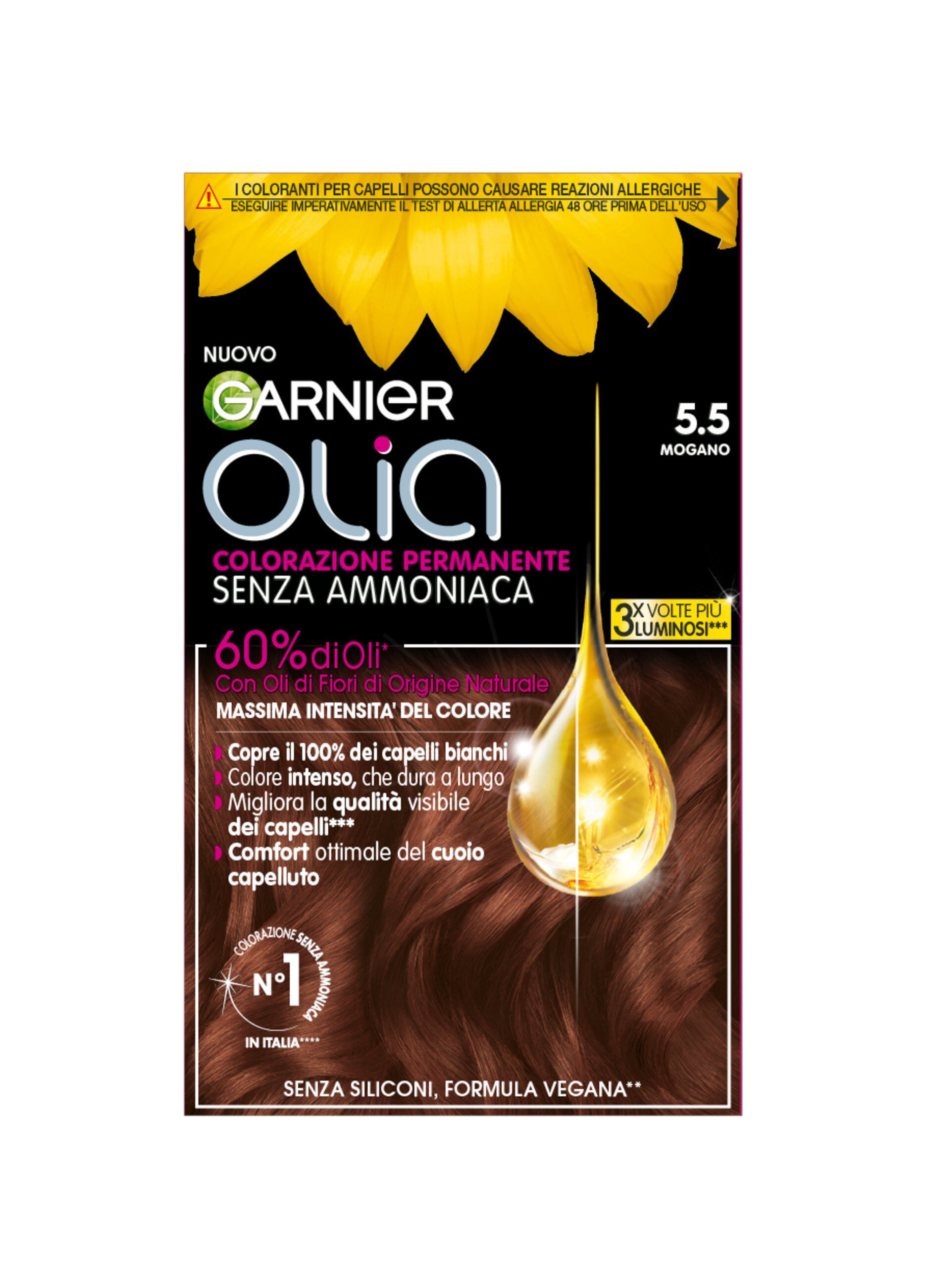 Garnier Tinta Capelli Olia, Colorazione permanente senza ammoniaca, copre il 100% dei capelli bianchi, Con oli di fiori di origine naturale, Mogano (5.5)._0