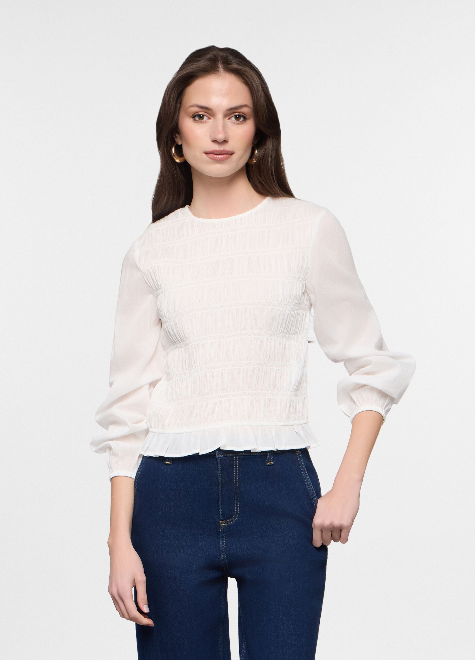 Blusa girocollo slim fit in puro cotone voile donna_0
