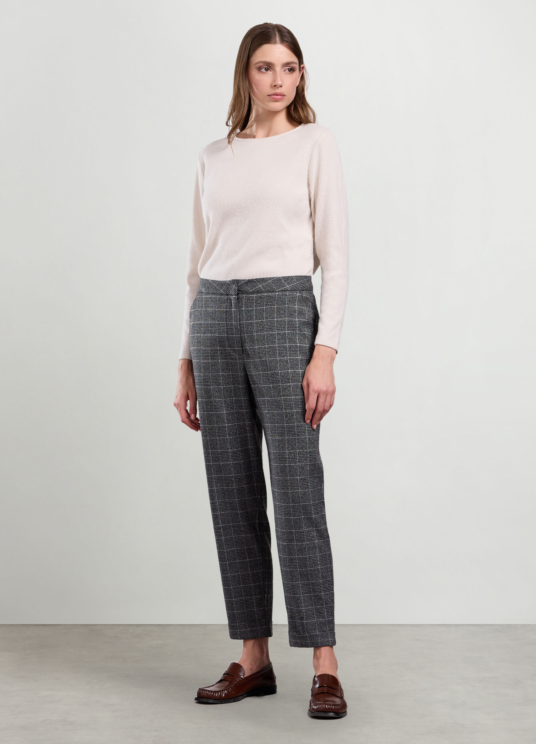 Pantaloni misto viscosa a quadri donna_0